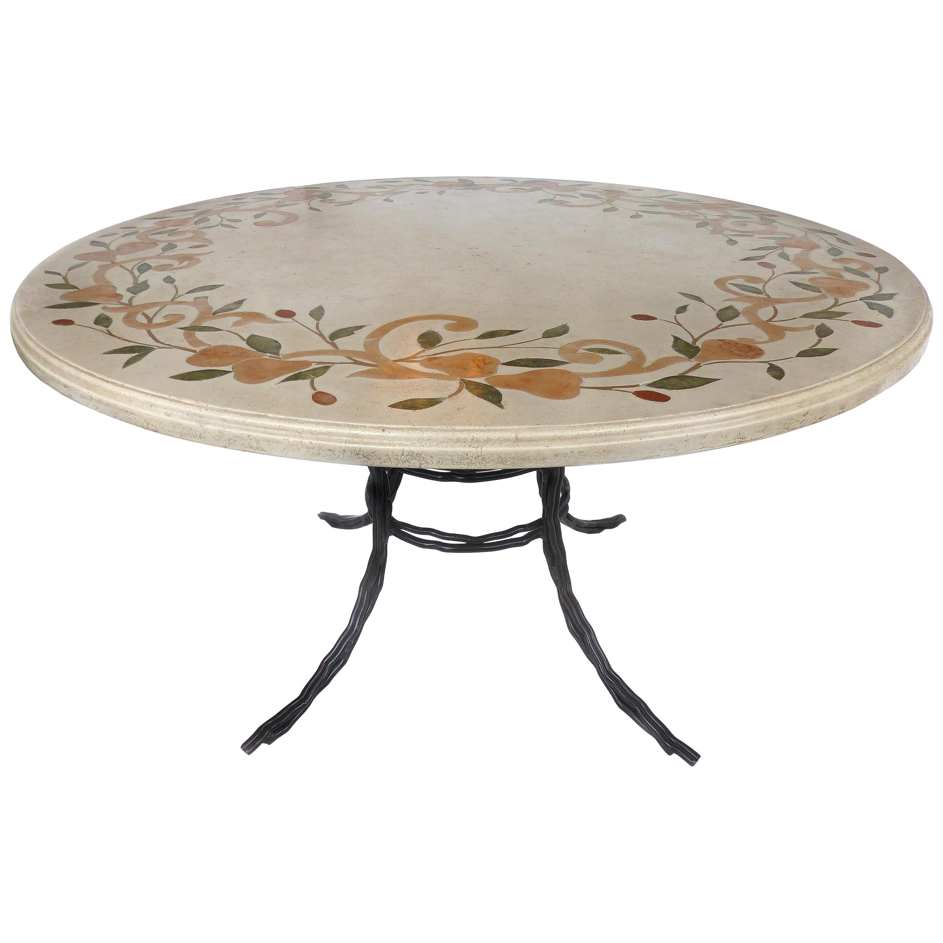Round Dining Table, Hand Wrought Iron Base an Stone Composition Marble Inlay Top