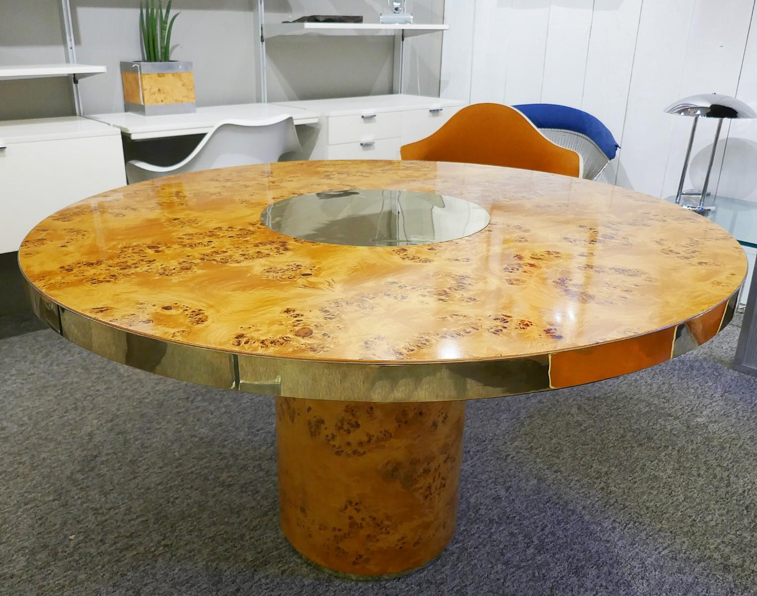 European Round Dining Table in Brass and Wood by Willy Rizzo for Mario Sabot, 1970s