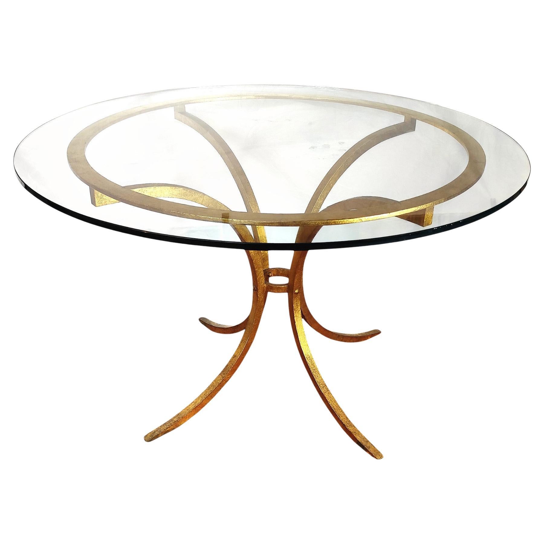 Round Dining Table in Gilt Metal and Glass by Robert Thibier (1926-2001)