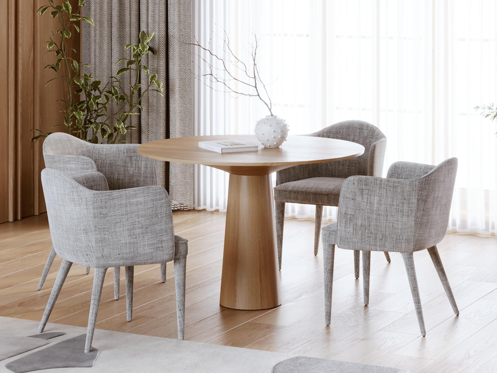 Handcrafted from solid European oak, this round dining table combines sculptural simplicity with raw
material honesty. Its thick top and balanced silhouette reflect both brutalist restraint and natural
warmth. The oak is carefully selected, dried,