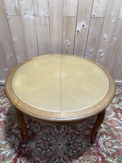Round dining table in oak and leather Louis XV style
