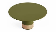 Round Dining Table In Olive Lacquer w Rattan Detailing - Mondo Design Studio