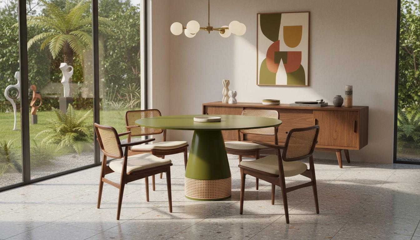 Mid-Century Modern Round Dining Table In Olive Lacquer w Rattan Detailing - Mondo Design Studio For Sale