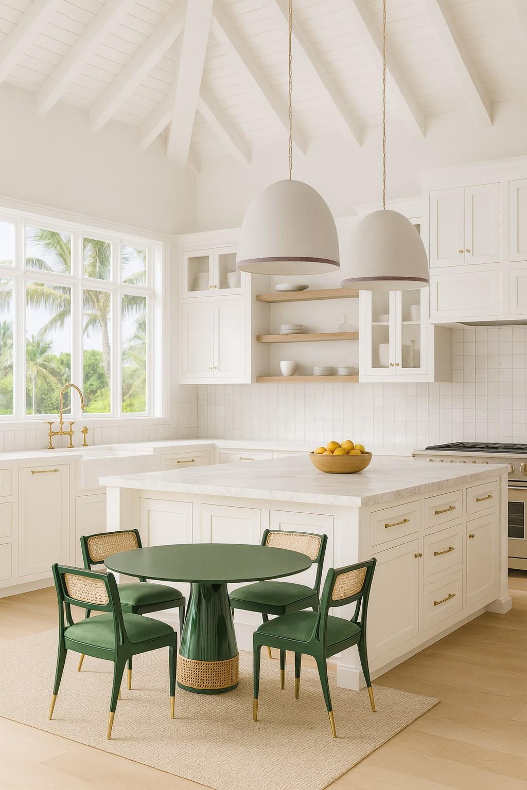 Contemporary Round Dining Table In Olive Lacquer w Rattan Detailing - Mondo Design Studio For Sale