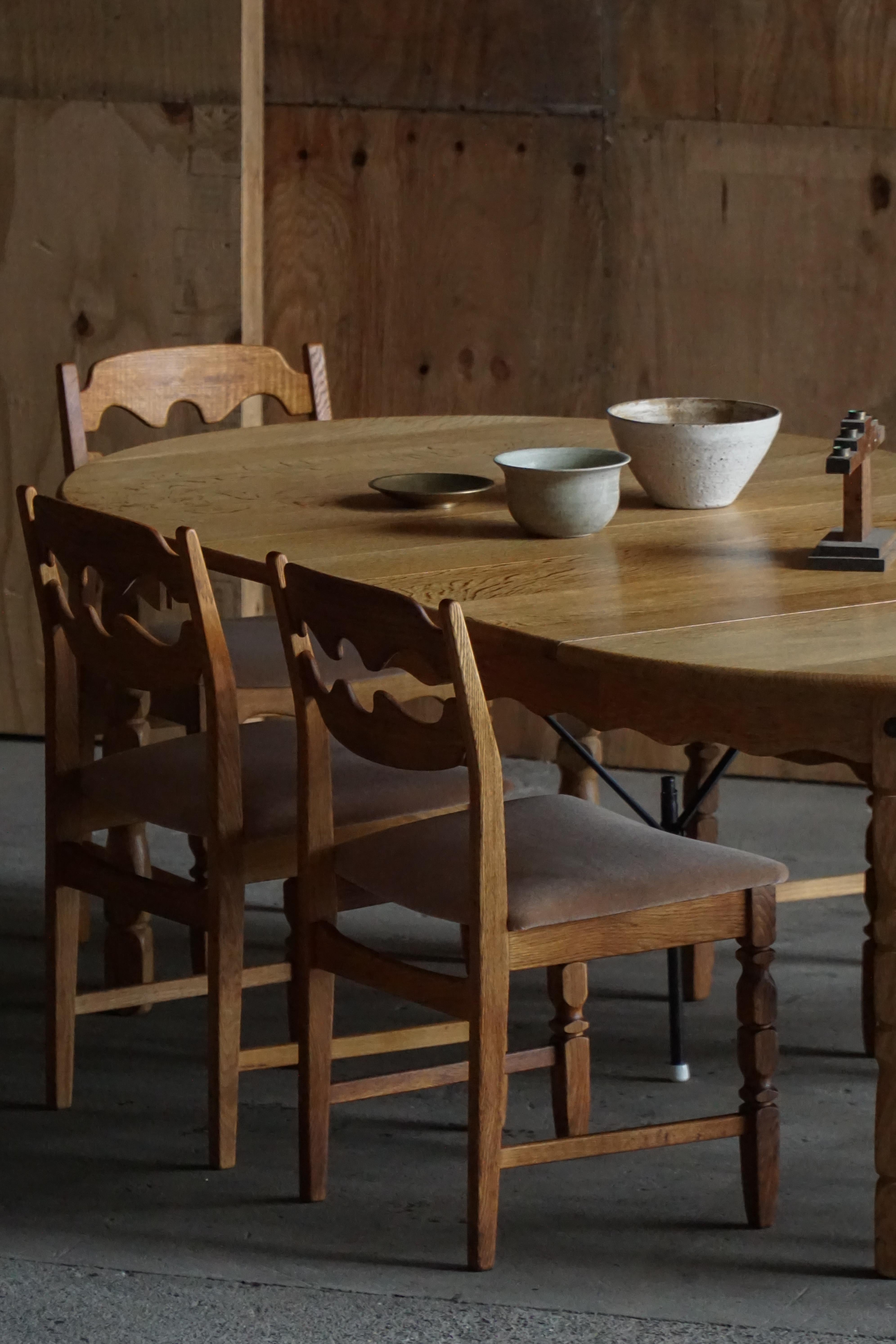 Round Dining Table in Solid Oak with Two Extensions, Danish Mid Century ...