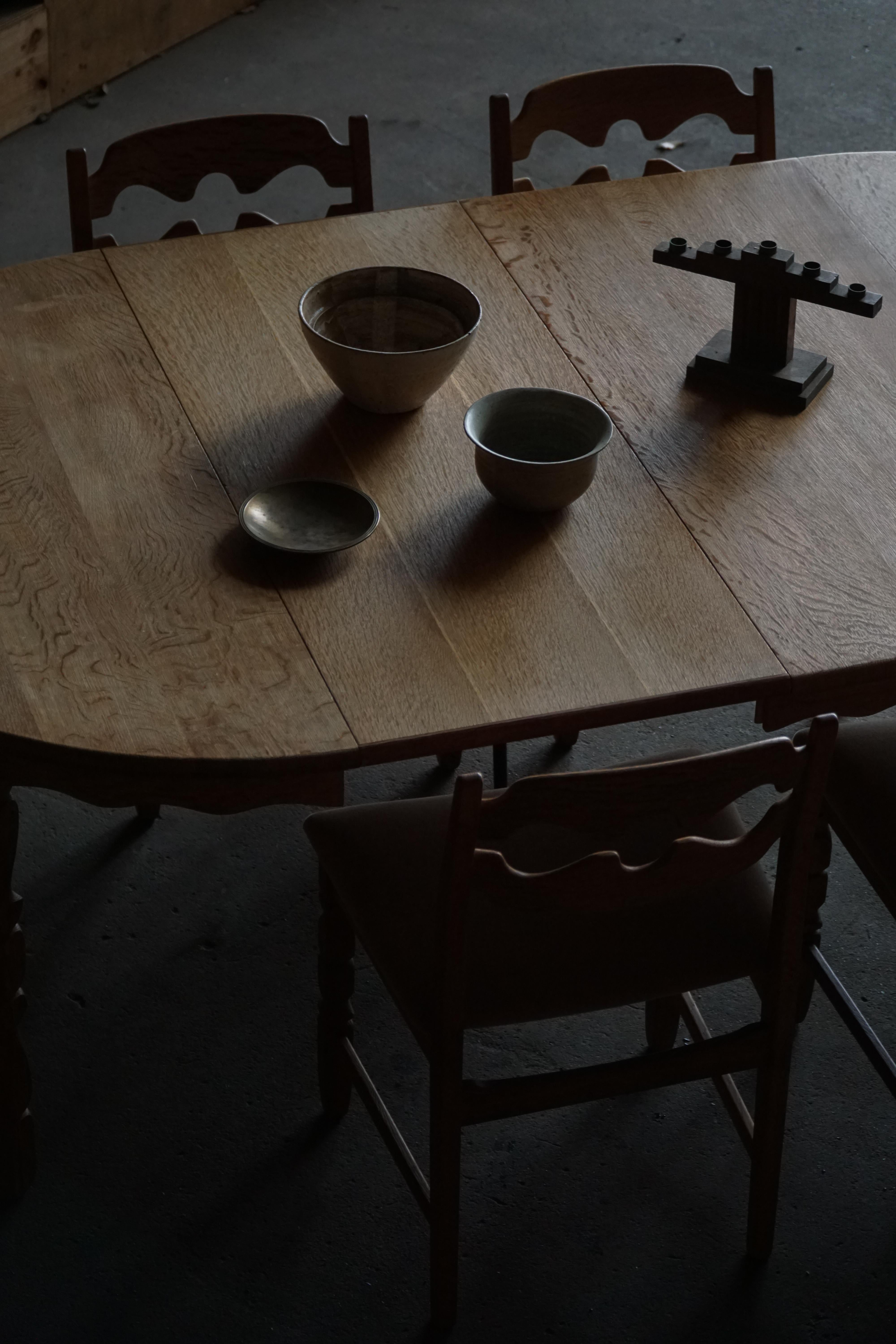Round Dining Table in Solid Oak with Two Extensions, Danish Mid Century ...
