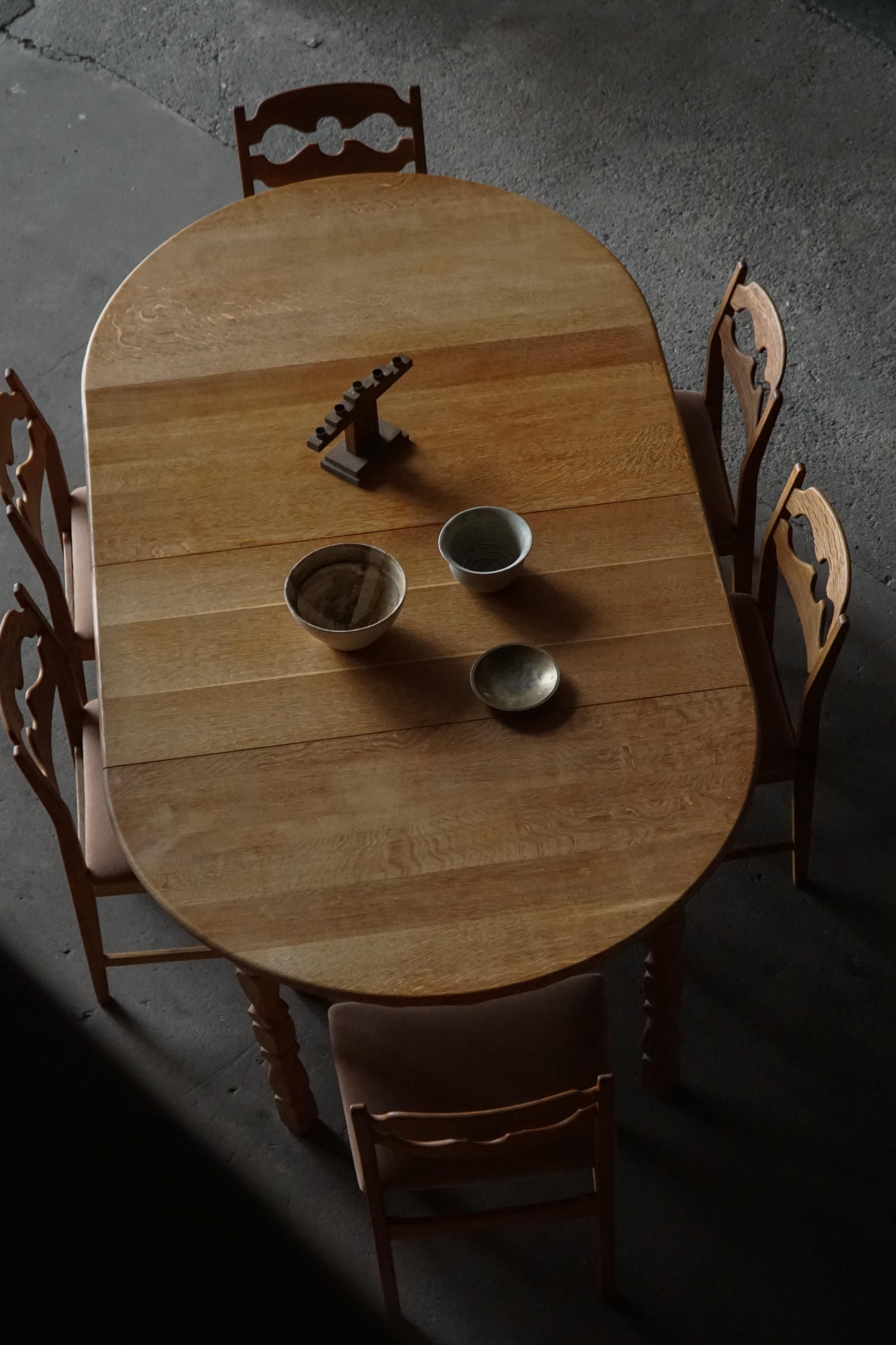 Round Dining Table in Solid Oak with Two Extensions, Danish Mid Century ...