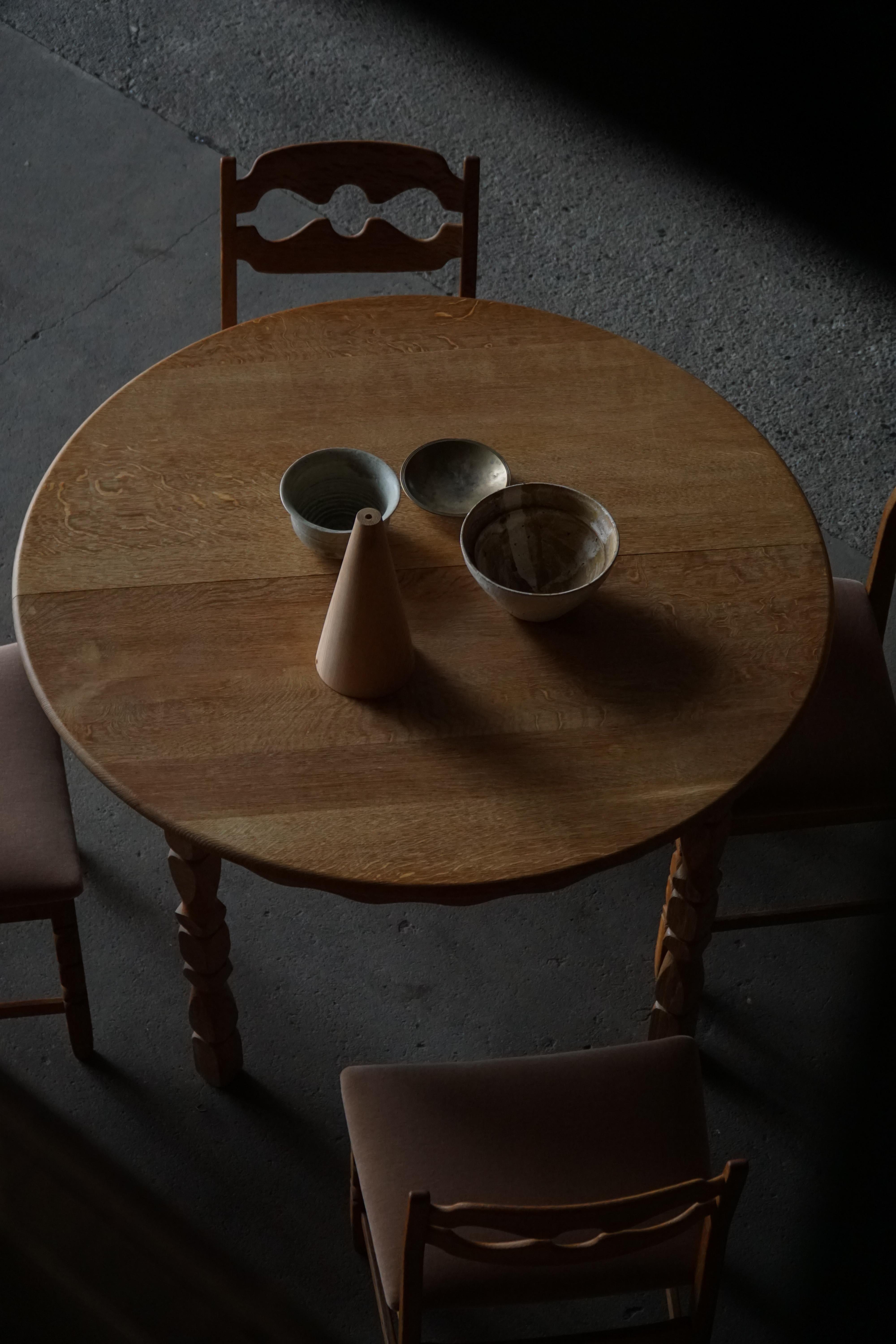 Round Dining Table in Solid Oak with Two Extensions, Danish Mid Century ...