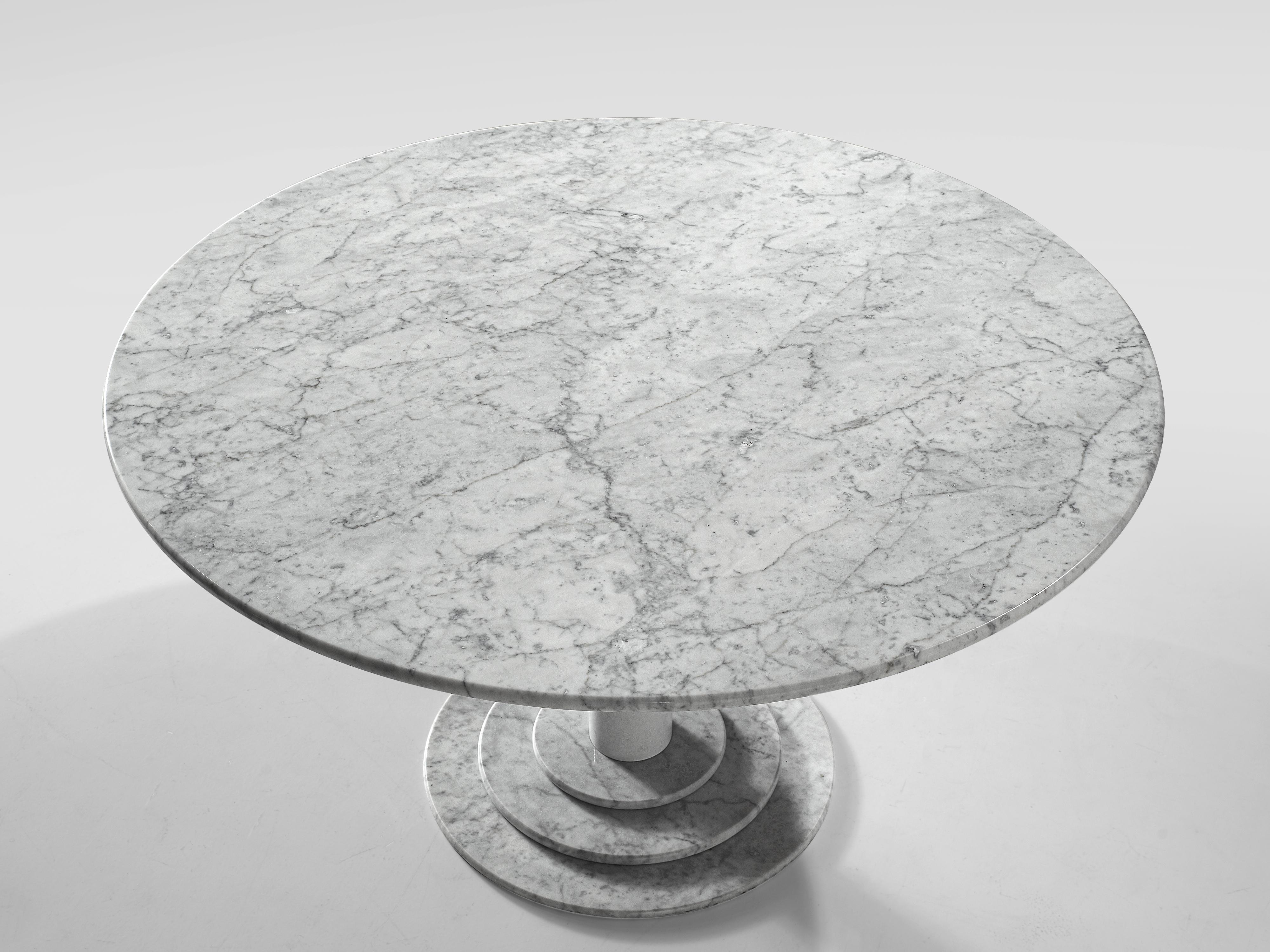 Lacquered Round Dining Table in White Marble with TON Armchairs in Red Wood