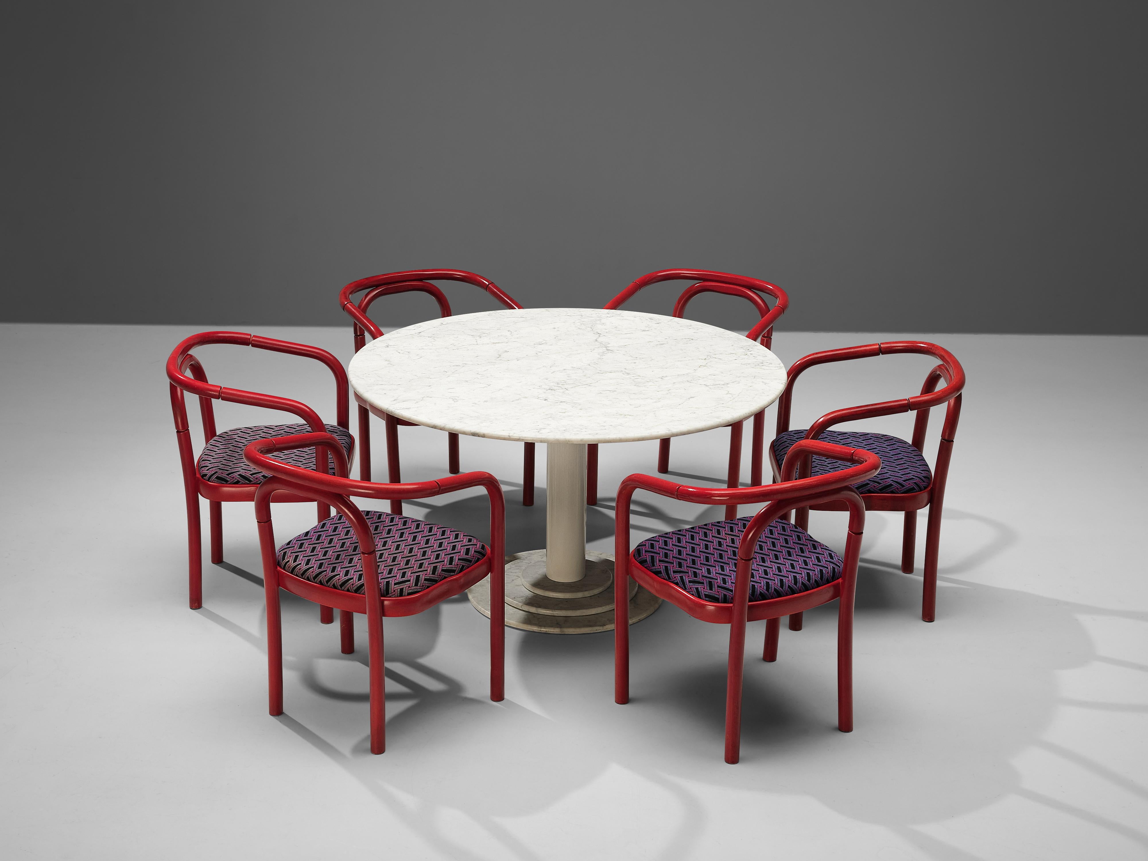 Round Dining Table in White Marble with TON Armchairs in Red Wood 1