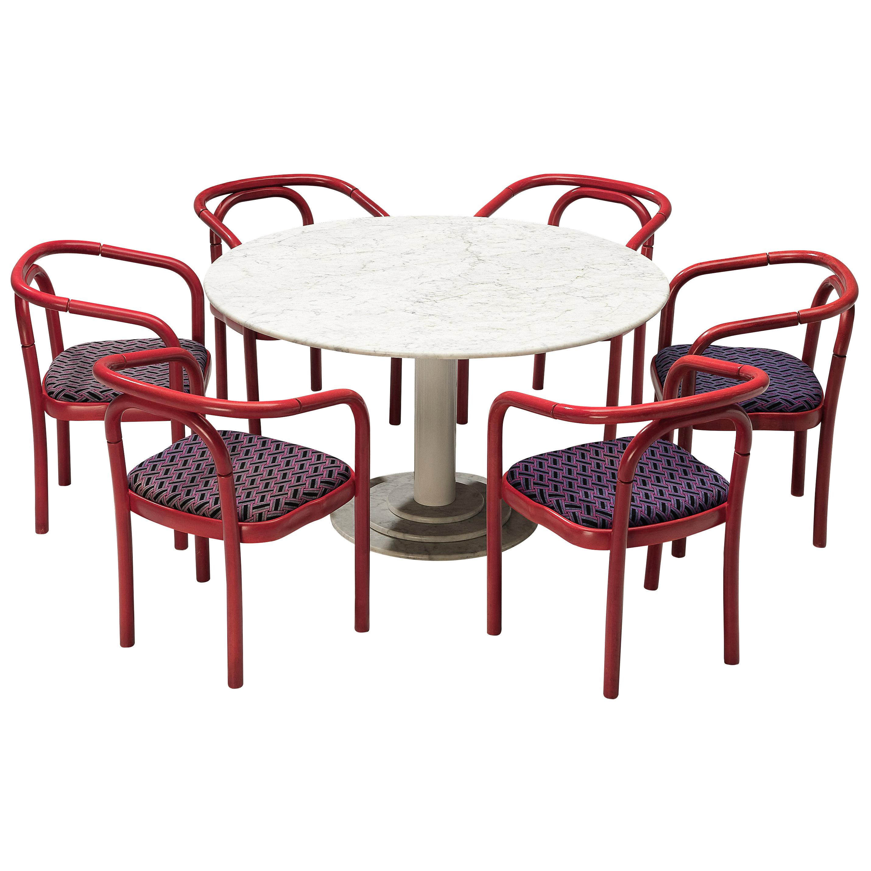 Round Dining Table in White Marble with TON Armchairs in Red Wood