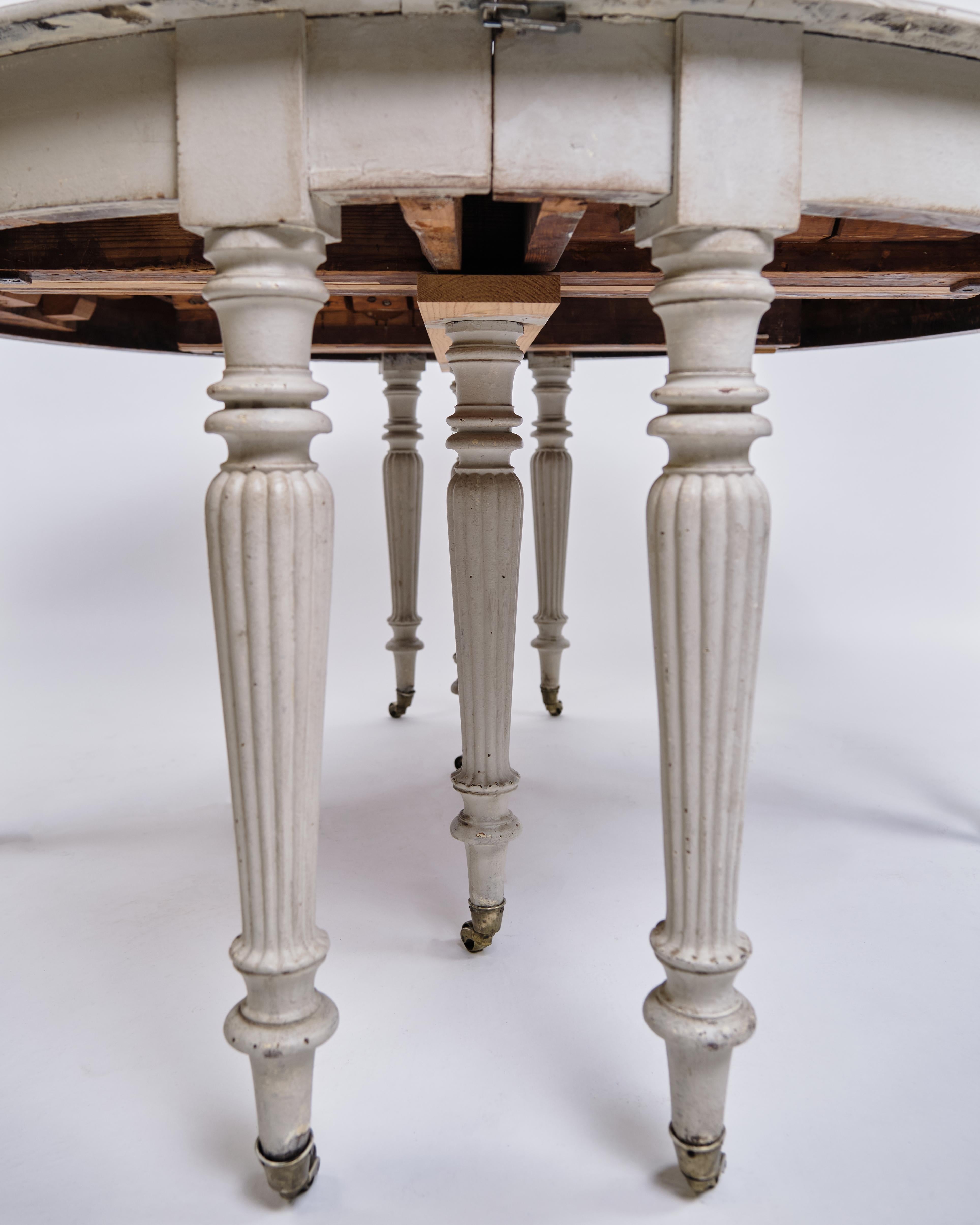 Hand-Painted Round Dining Table / Moon Table Gustavian Style with Brass Wheels from 1780s For Sale
