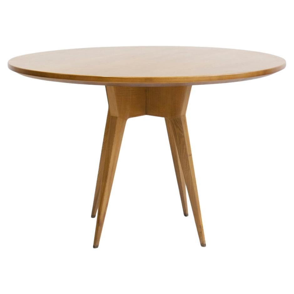 Round Dining Table of Ash Wood with Brass Details For Sale