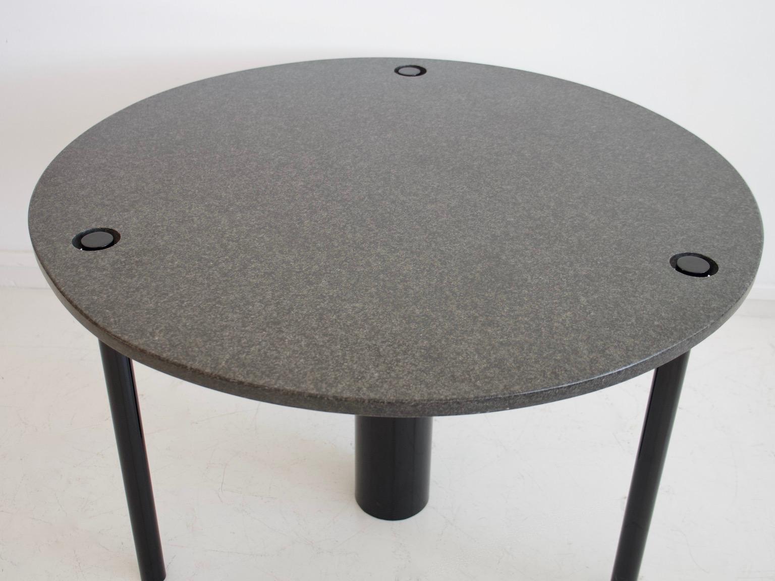 20th Century Round Dining Table of Black Lacquered Metal and Granite