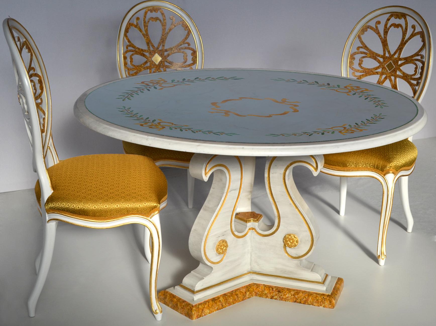 Style Adam Table de salle à manger en marbre et incrustations en scagliola, fabriquée à la main en Italie par Cupioli disponible en vente