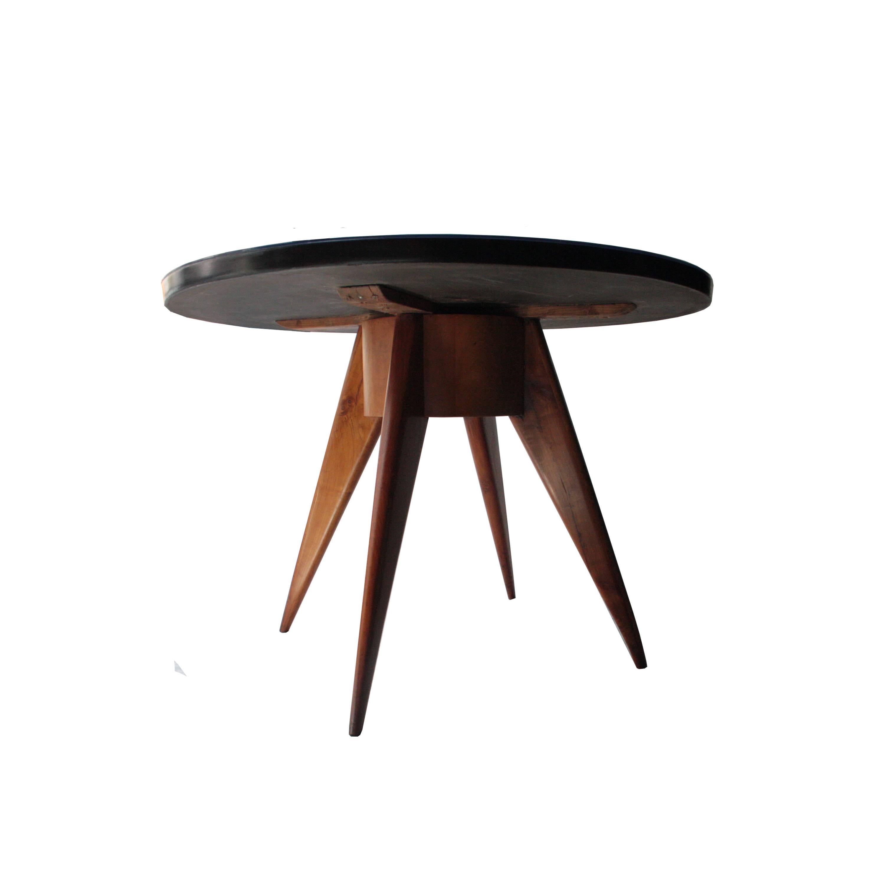 Italian Round Dining Table with Ashwood Structure, Blue Glass Top Klein, Italy, 1950