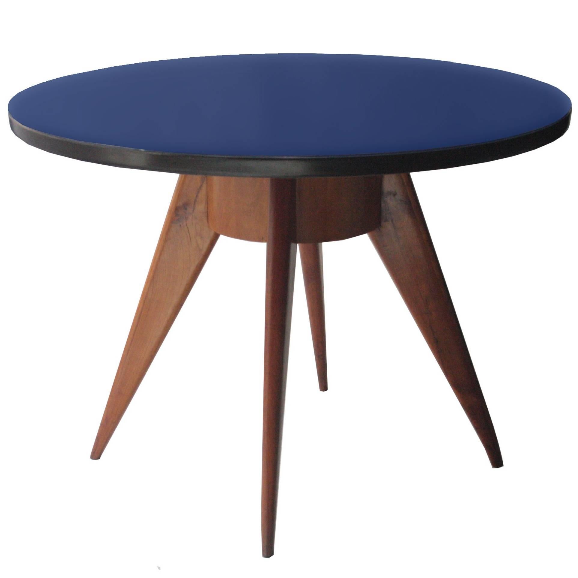 Round Dining Table with Ashwood Structure, Blue Glass Top Klein, Italy, 1950