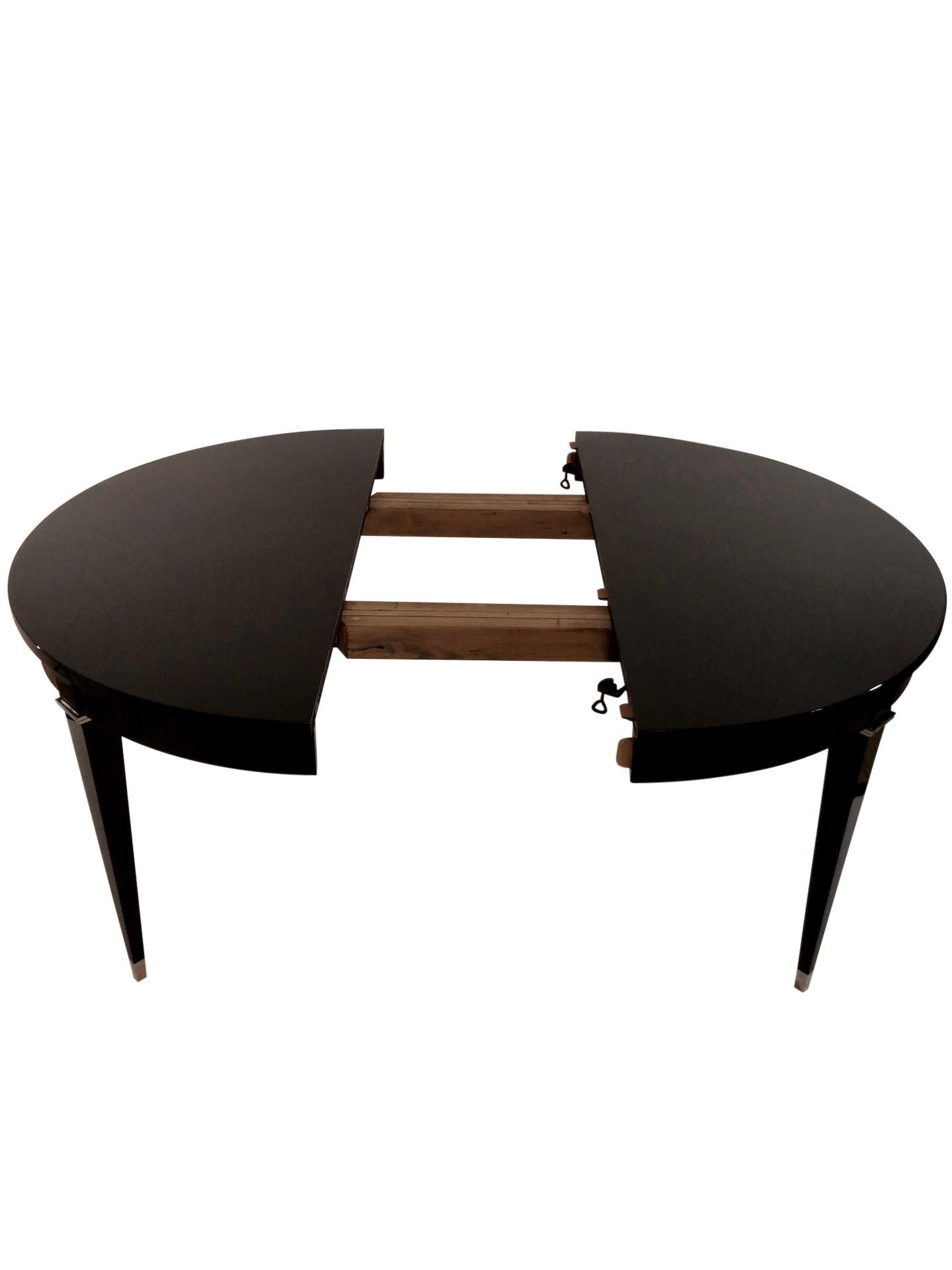 Blackened Round Dining Table with Extension in Black Lacquer with Nickeled Metal Fittings For Sale
