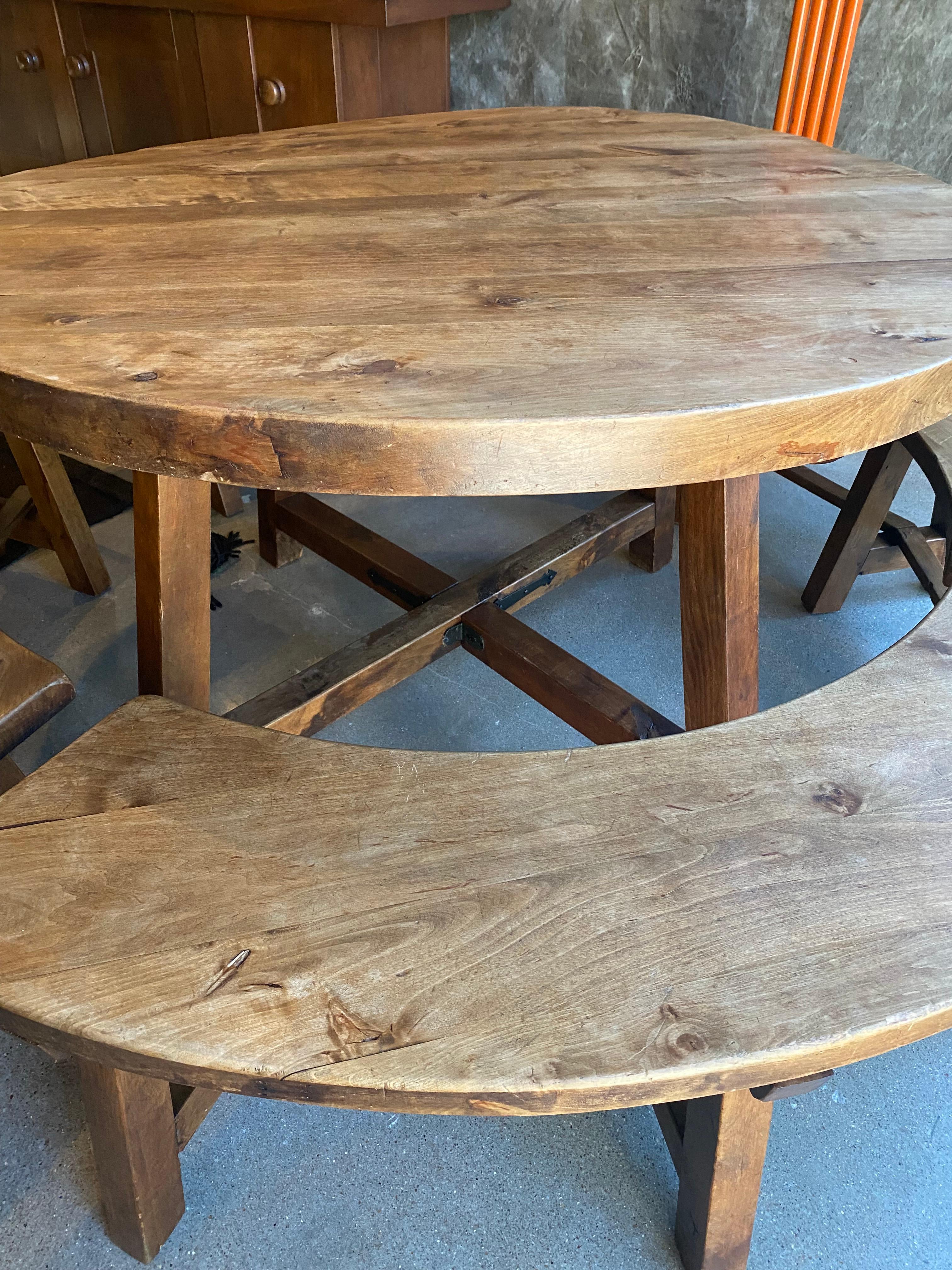 Round Dining Table with Four Benches, France, 1950's 2