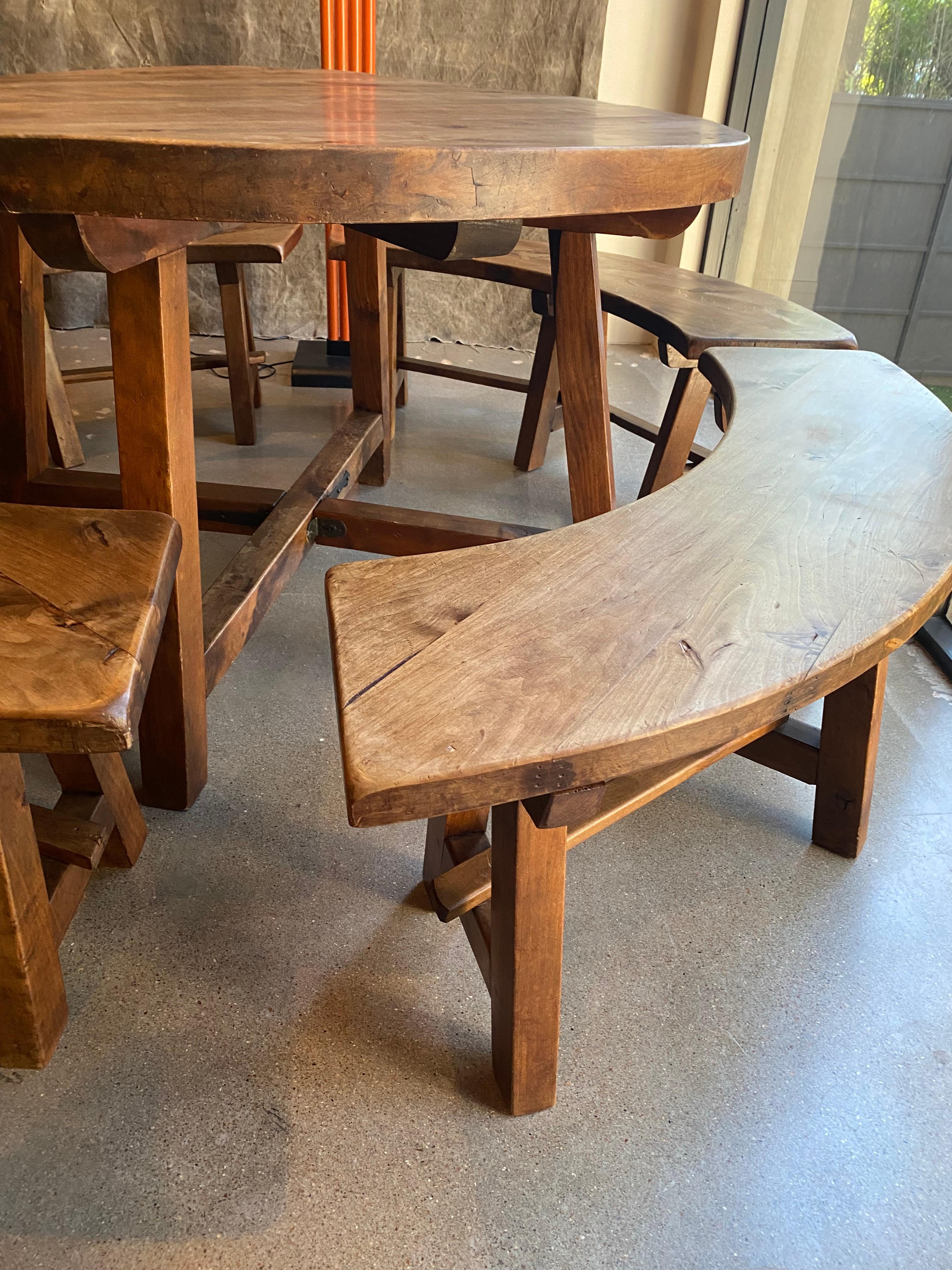 Hand-Crafted Round Dining Table with Four Benches, France, 1950's