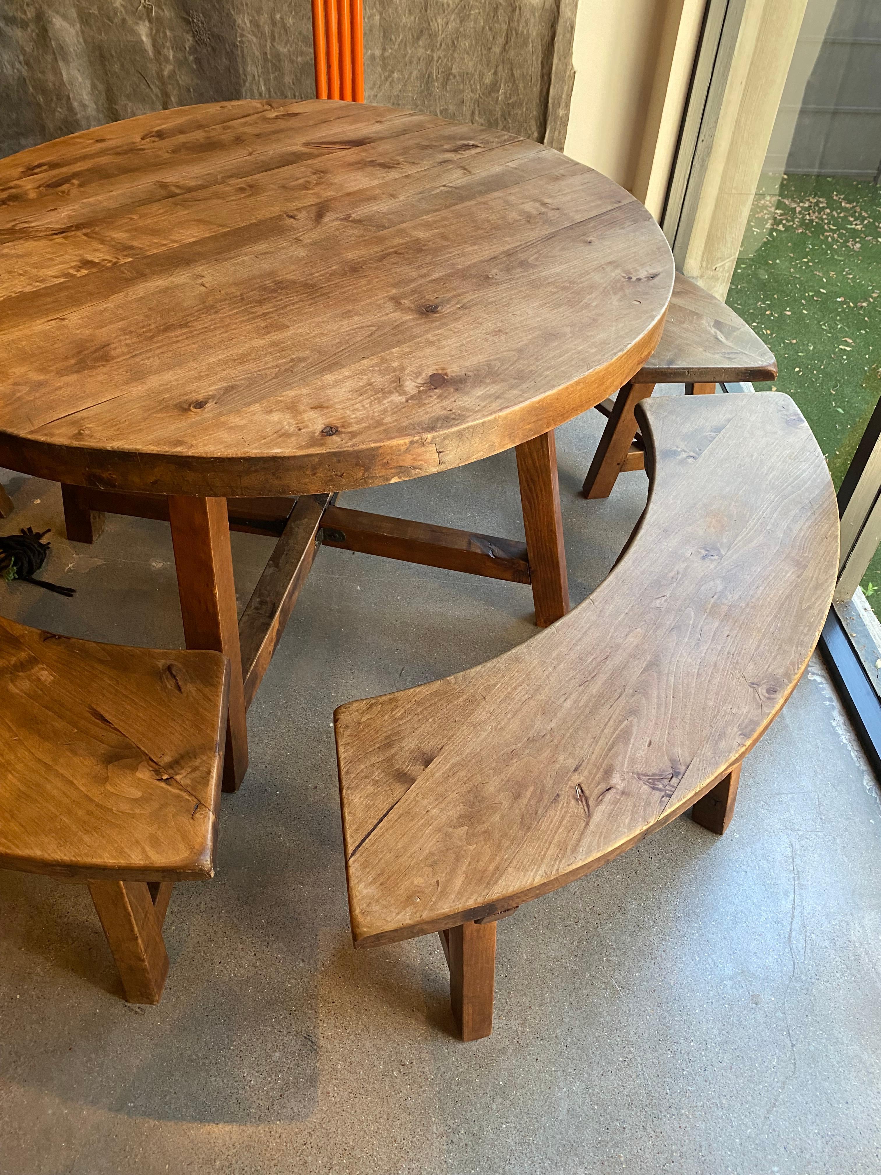 Mid-Century Modern Round Dining Table with Four Benches, France, 1950's