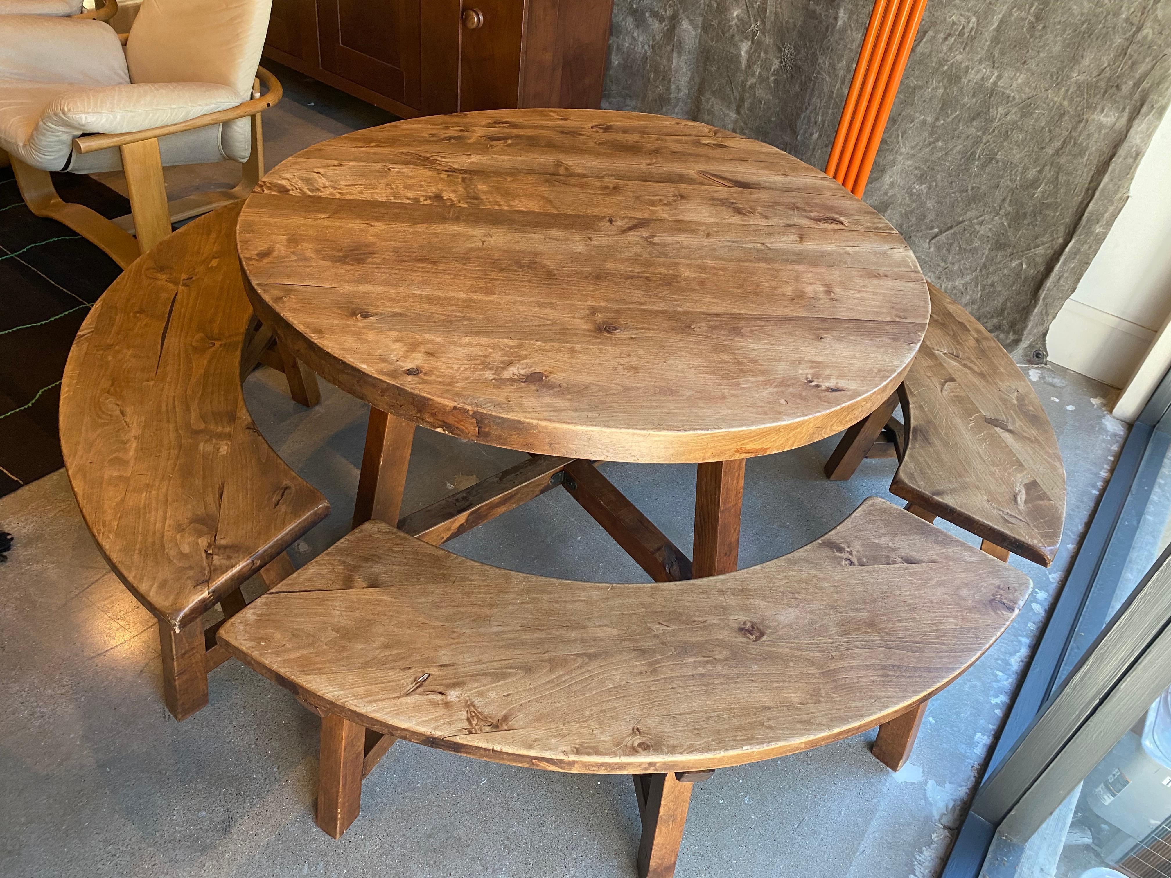 Round Dining Table with Four Benches, France, 1950's In Good Condition In Austin, TX