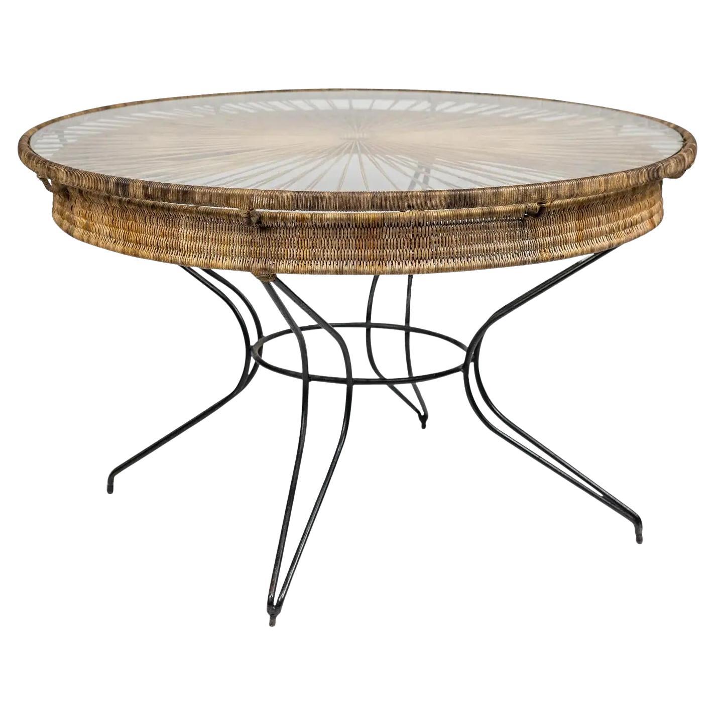 Round dining table with Iron painted, wicker and glass, c. 1950