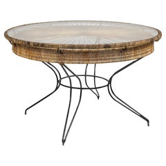 Round dining table with Iron painted, wicker and glass, c. 1950