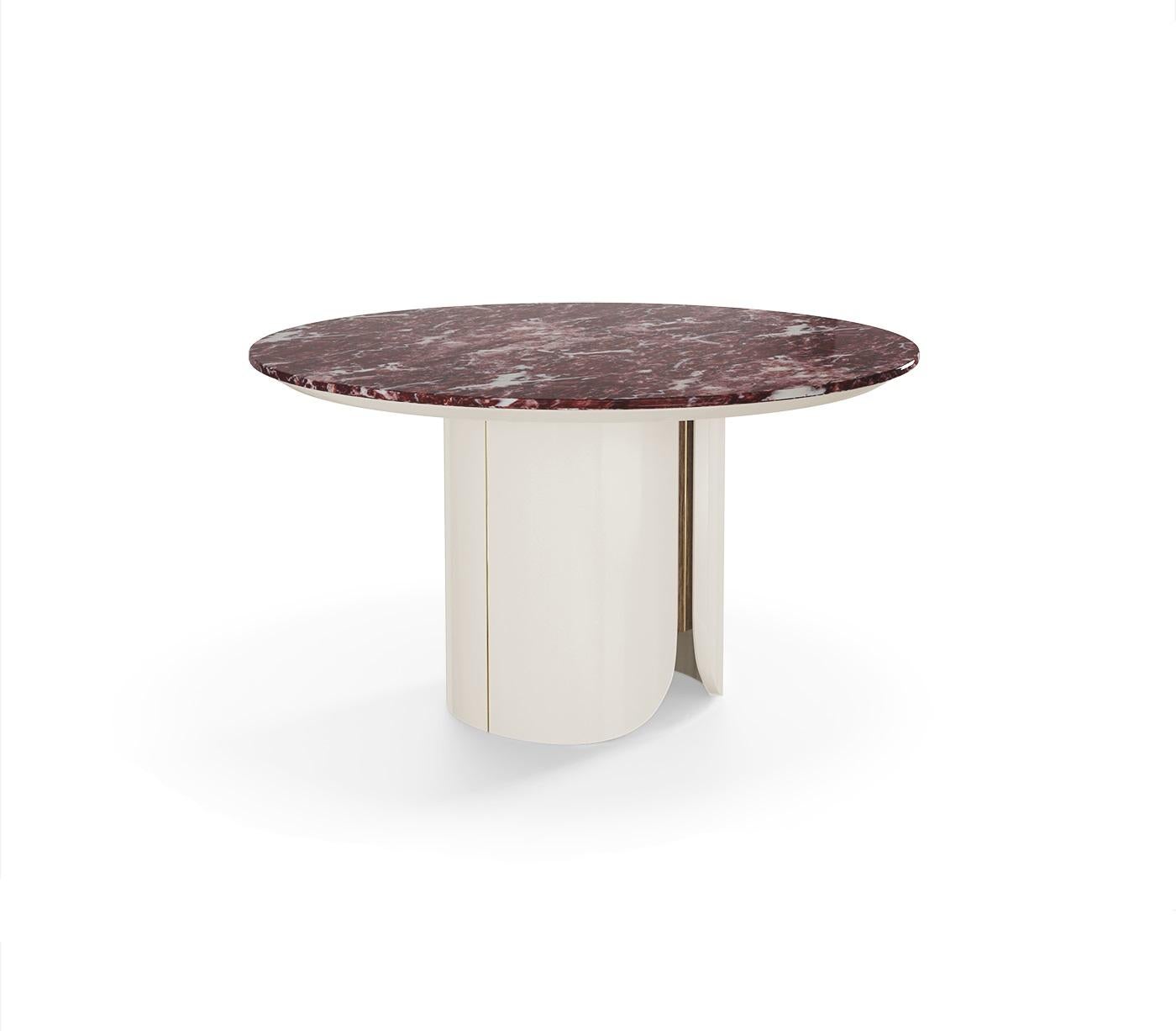 Moderno Tavolo da pranzo rotondo con piano in marmo, base laccata e inserti in metallo in vendita