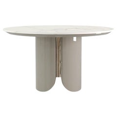 Round Dining Table with Marble Top, Lacquered Base, and Metal Accents
