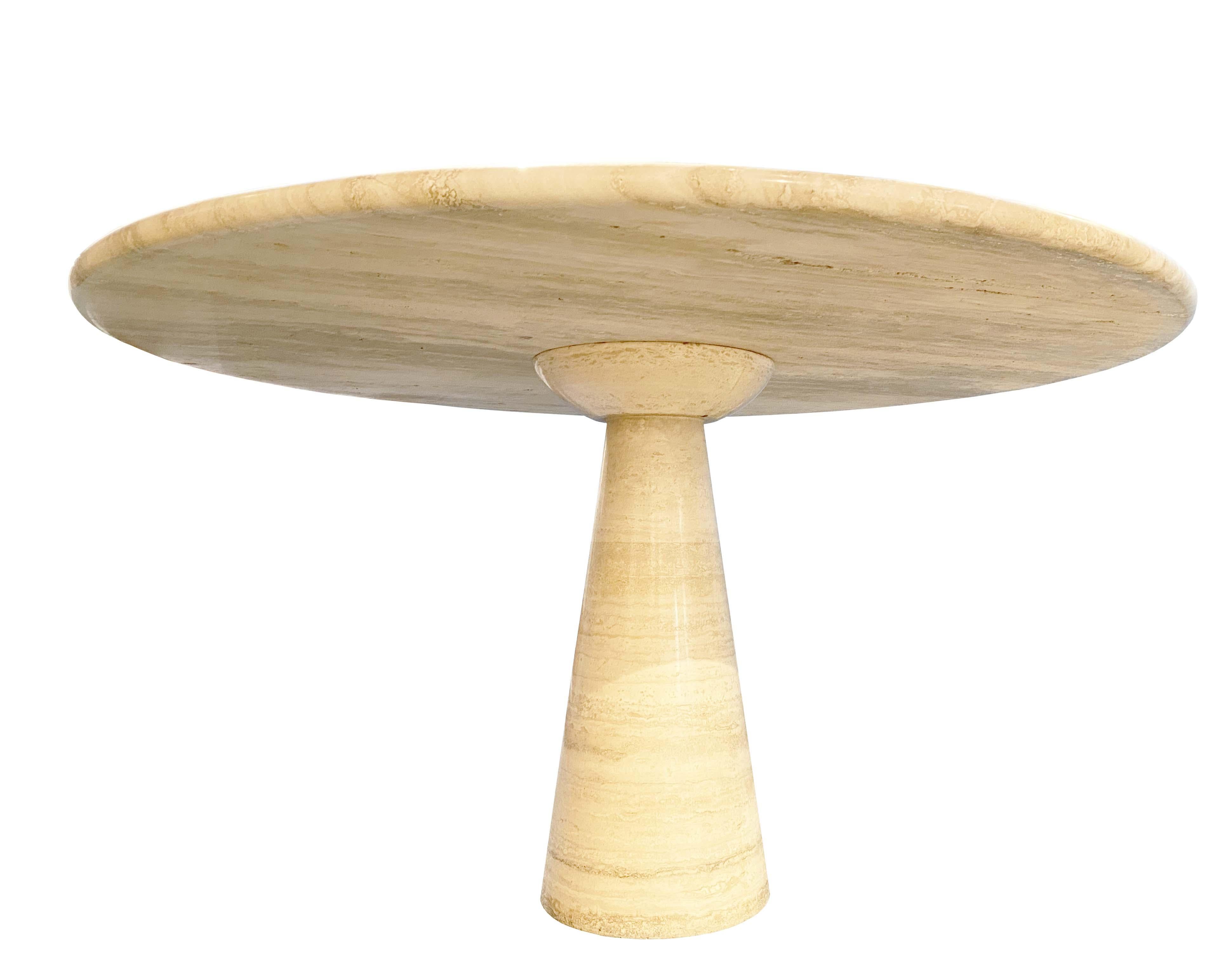 Italian Round Dining Table with Pedestal in Travertine Attributed to Angelo Mangiarotti