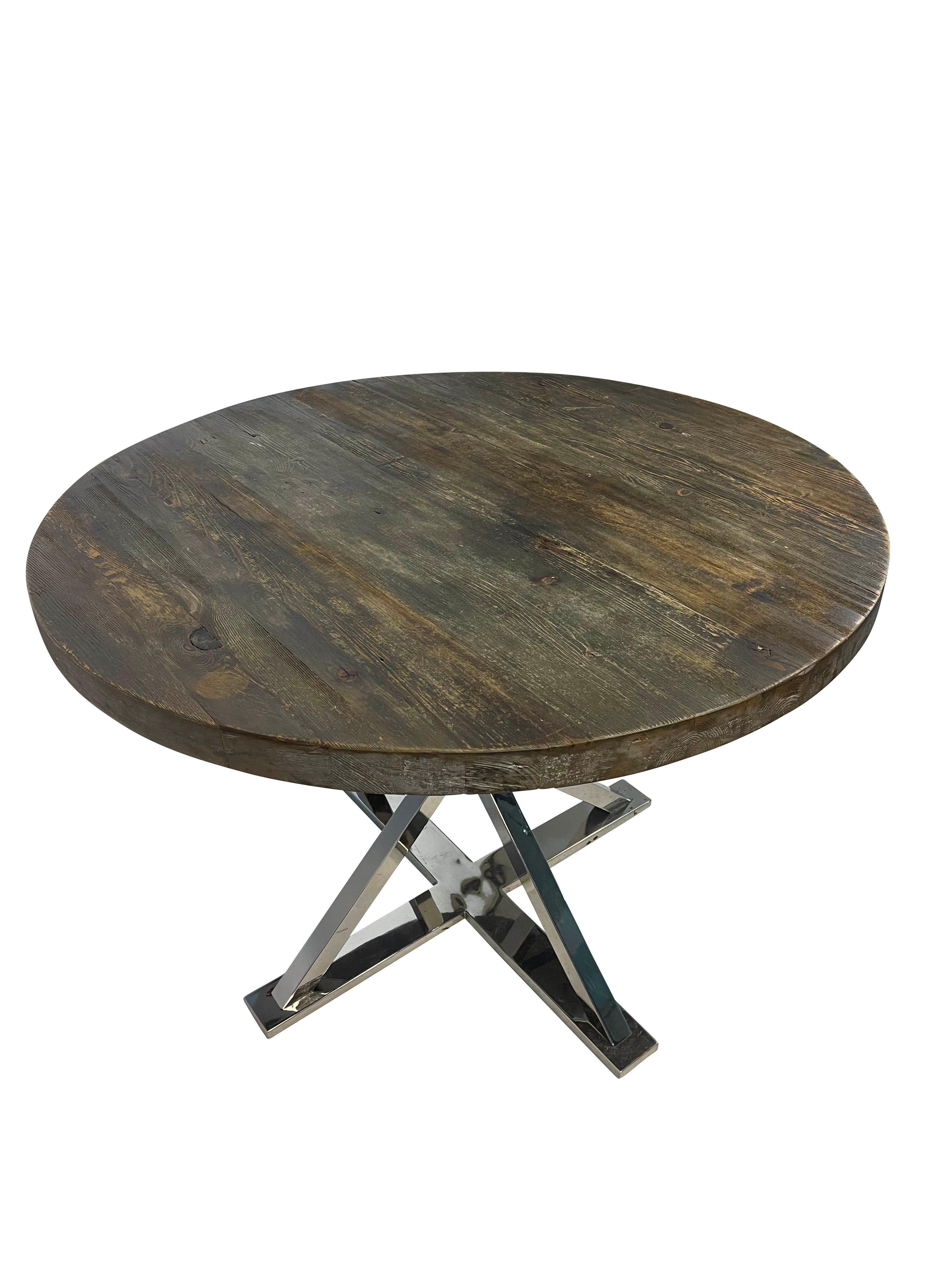 Hand-Crafted  Rustic Wood Top   Round Dining Table with Modern Chrome Base  For Sale