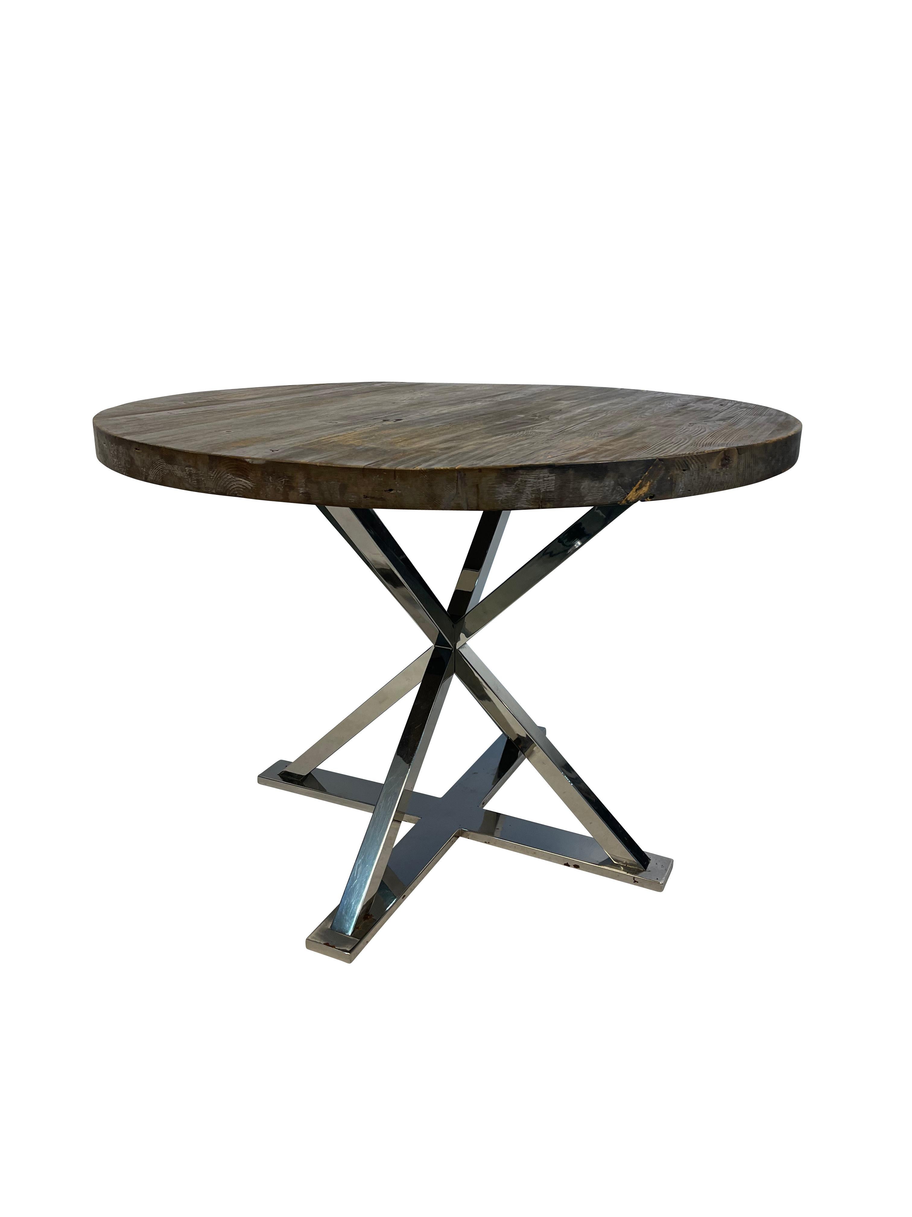  Rustic Wood Top   Round Dining Table with Modern Chrome Base  In Good Condition For Sale In Essex, MA