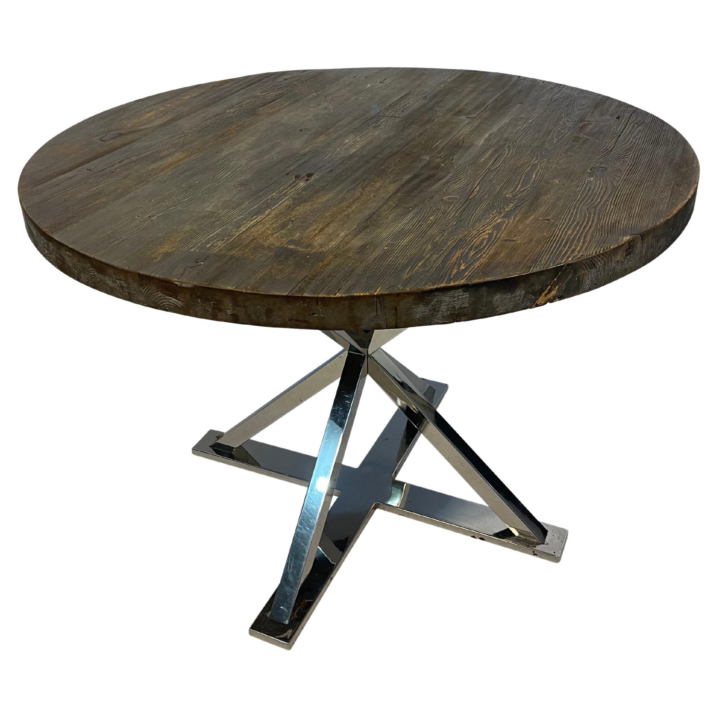  Rustic Wood Top   Round Dining Table with Modern Chrome Base  For Sale