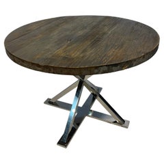  Top rustique en bois   Table de salle à manger ronde avec base chromée moderne 