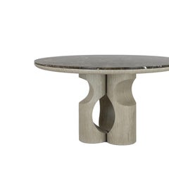 Dining Table with Three Indented Oak Pillars and Marron Marble By José Castro