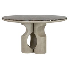 Round Dining Table with Three Indented Oak Pillars and Marron Vita Marble