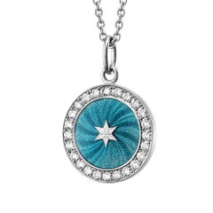 Round Disc Pendant with Star 18k White Gold Turquoise Enamel 24 Diamonds 0.36 ct