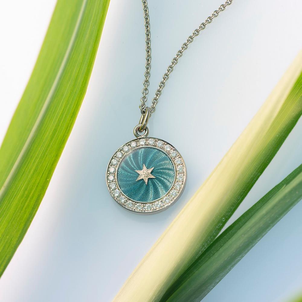 Round Cut Round Disc Pendant with Star 18k White Gold Turquoise Enamel 24 Diamonds 0.36 ct For Sale