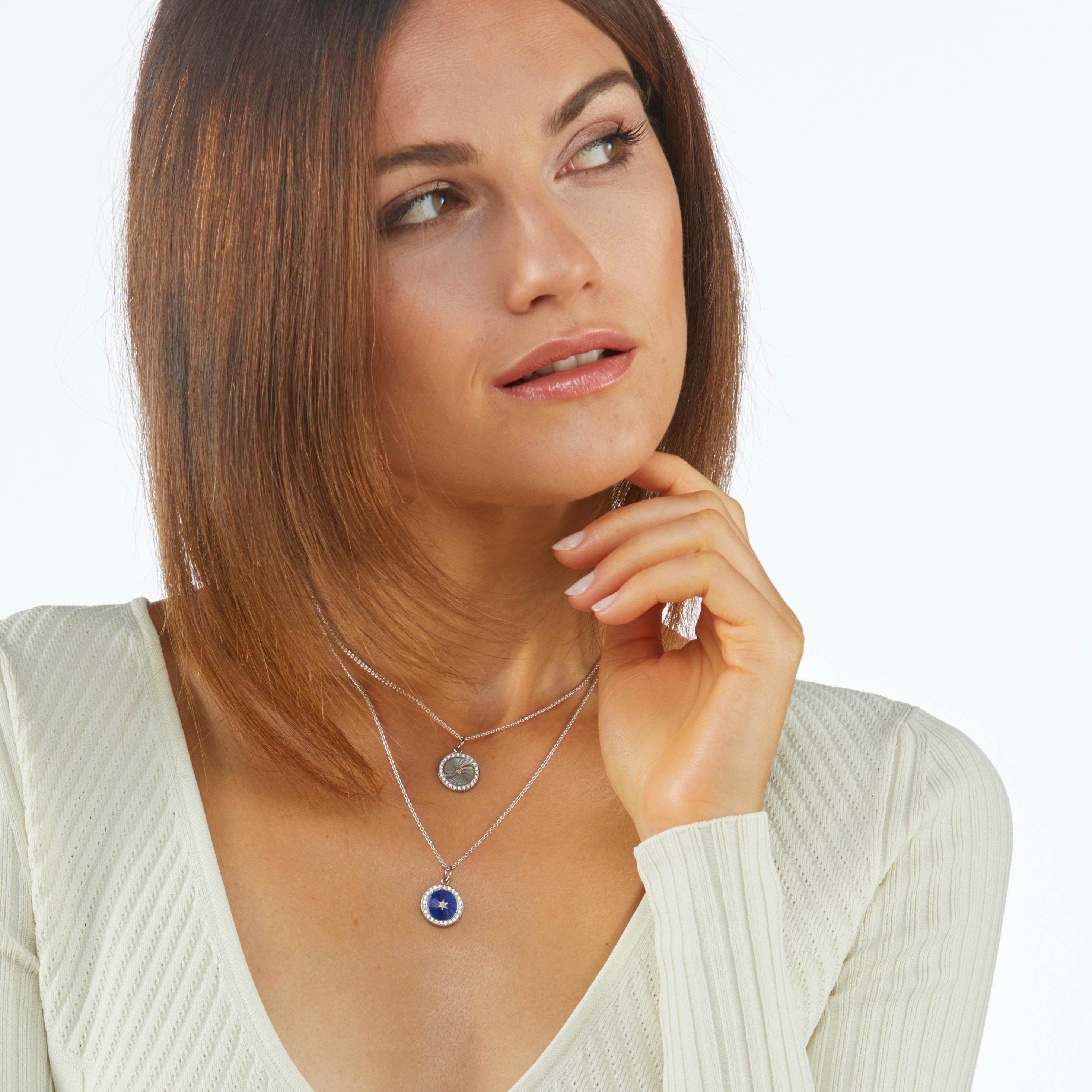 Pendant Necklace with Star 18k White Gold Blue Enamel 24 Diamonds 0.36 ct G VS In New Condition For Sale In Pforzheim, DE