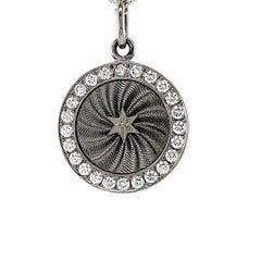 Round Disc Pendant Star Necklace 18k White Gold Silver Enamel 24 Diamonds 0.36ct