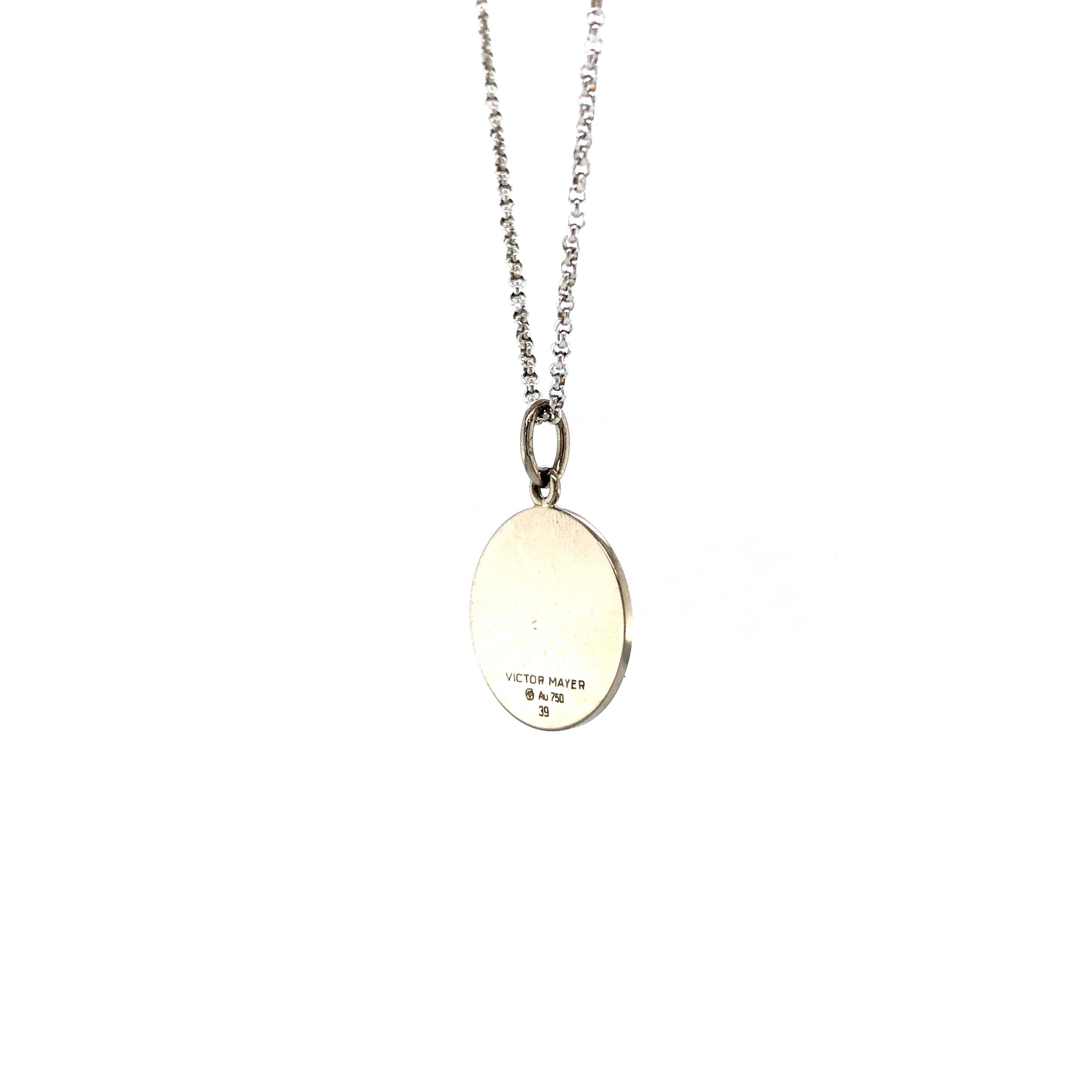 Women's Round Disk Pendant Necklace 18k White Gold Silver Enamel Guilloche Gold Paillons For Sale