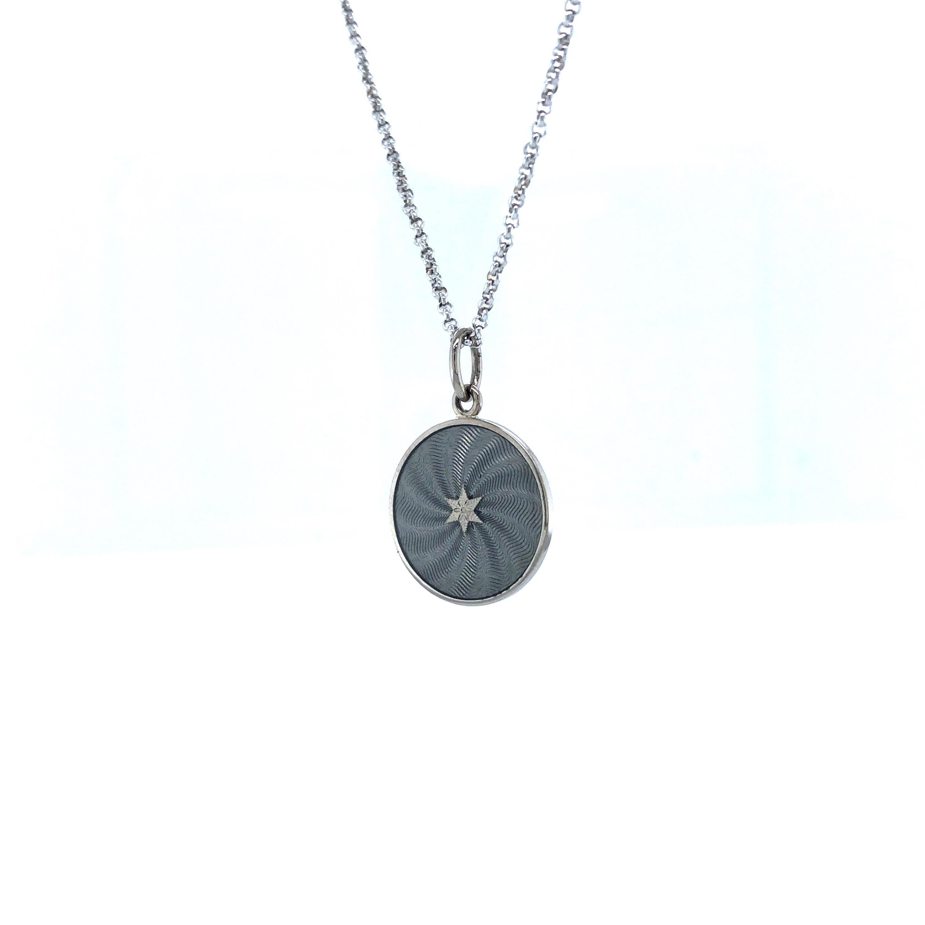 Round Disk Pendant Necklace 18k White Gold Silver Enamel Guilloche Gold Paillons For Sale 2