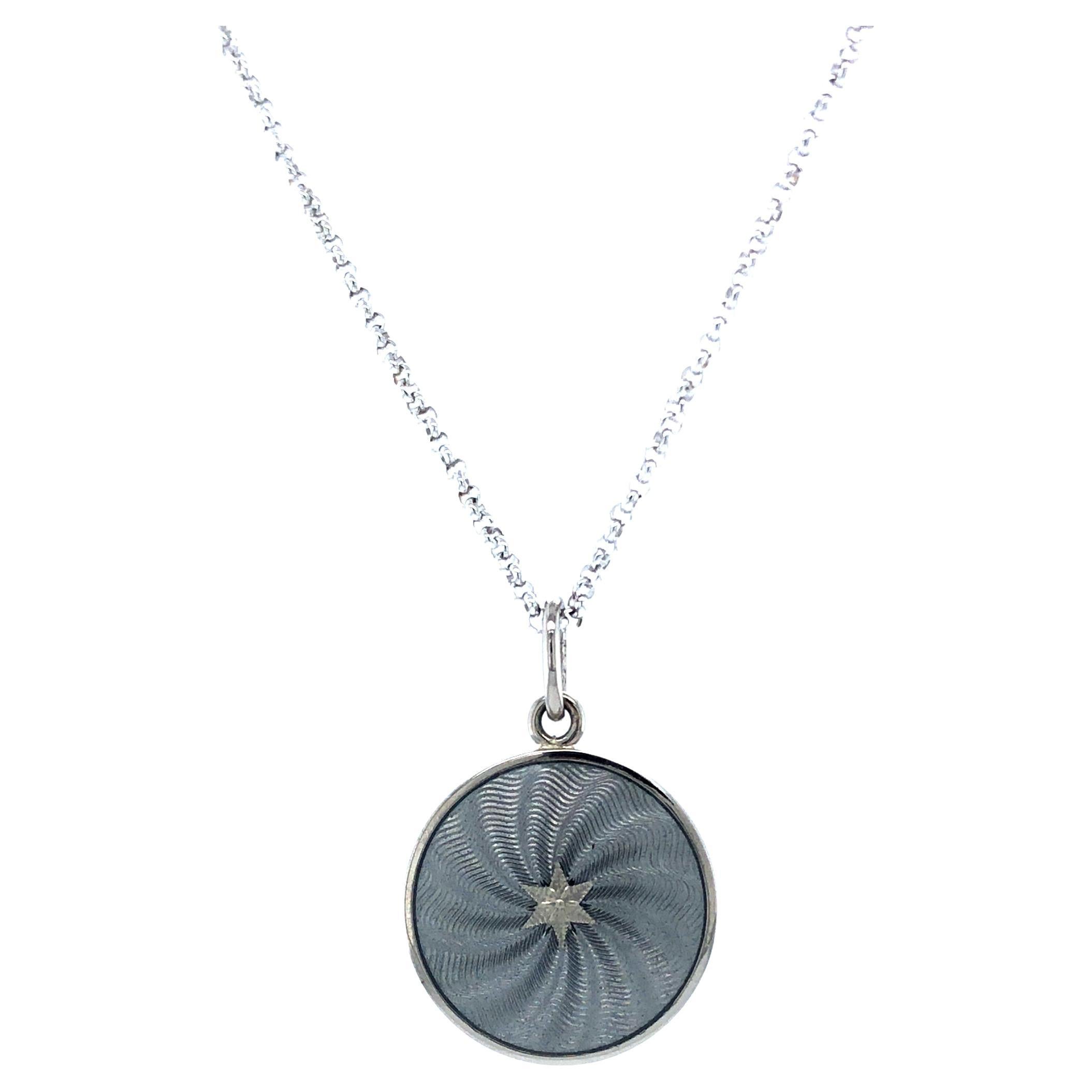 Round Disk Pendant Necklace 18k White Gold Silver Enamel Guilloche Gold Paillons