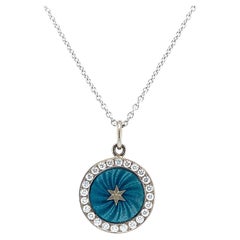 Round Disc Pendant Necklace Star - 18k White Gold - Turquoise Enamel 24 Diamonds