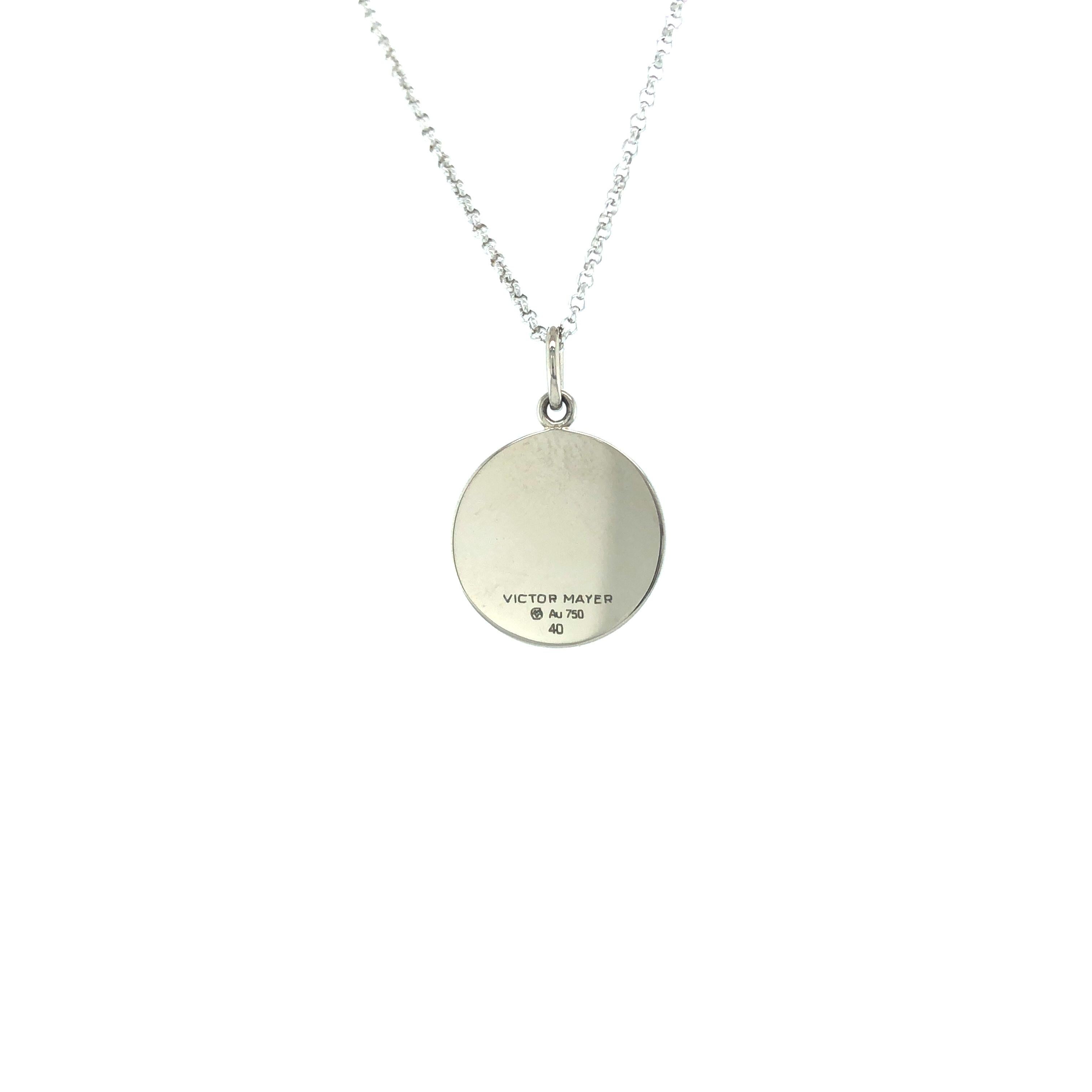 Round Disk Pendant Necklace 18k White Gold Turquoise Enamel Guilloche Paillons For Sale 1