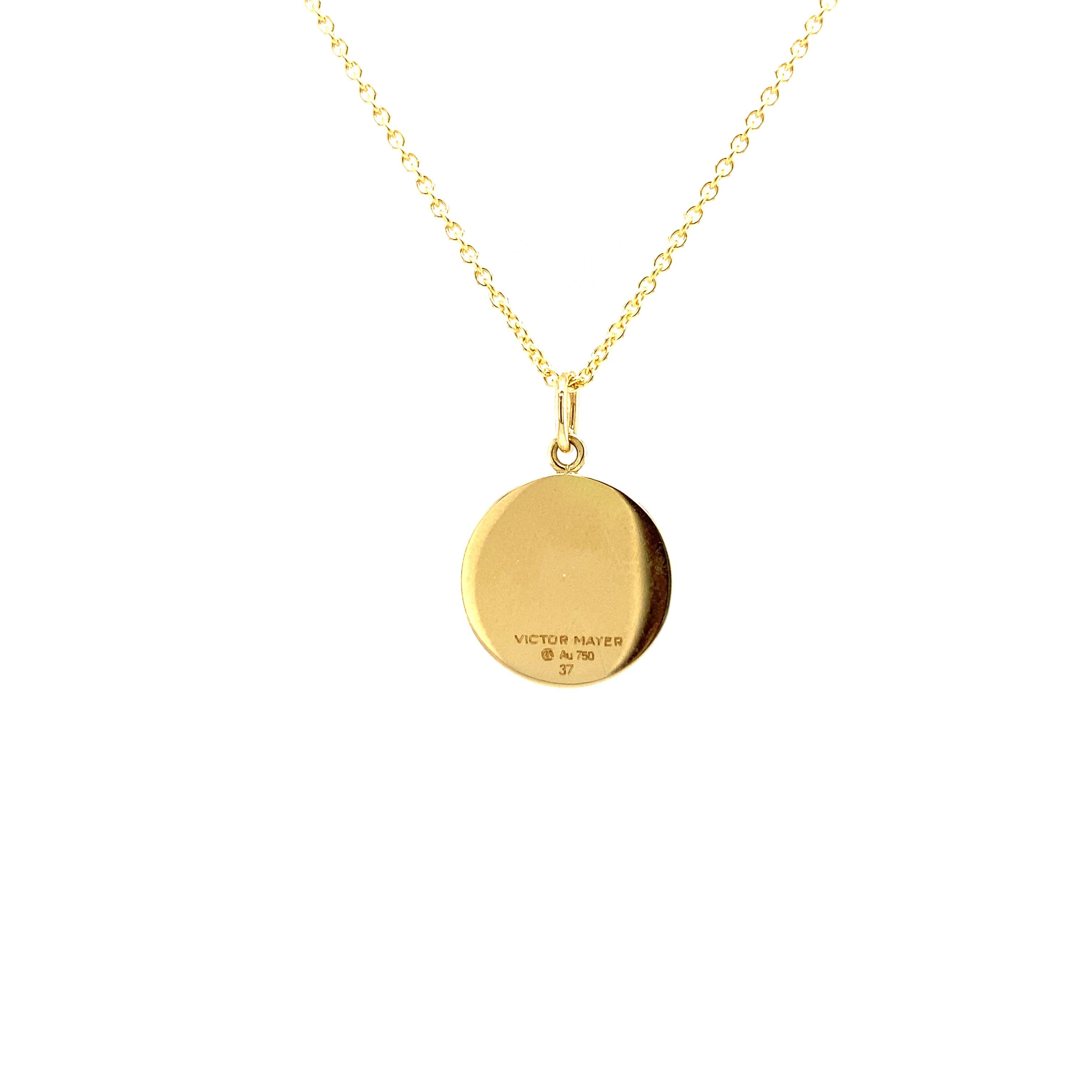 Round Disk Pendant Necklace 18k Yellow Gold Turquoise Enamel Guilloche Paillons For Sale 1