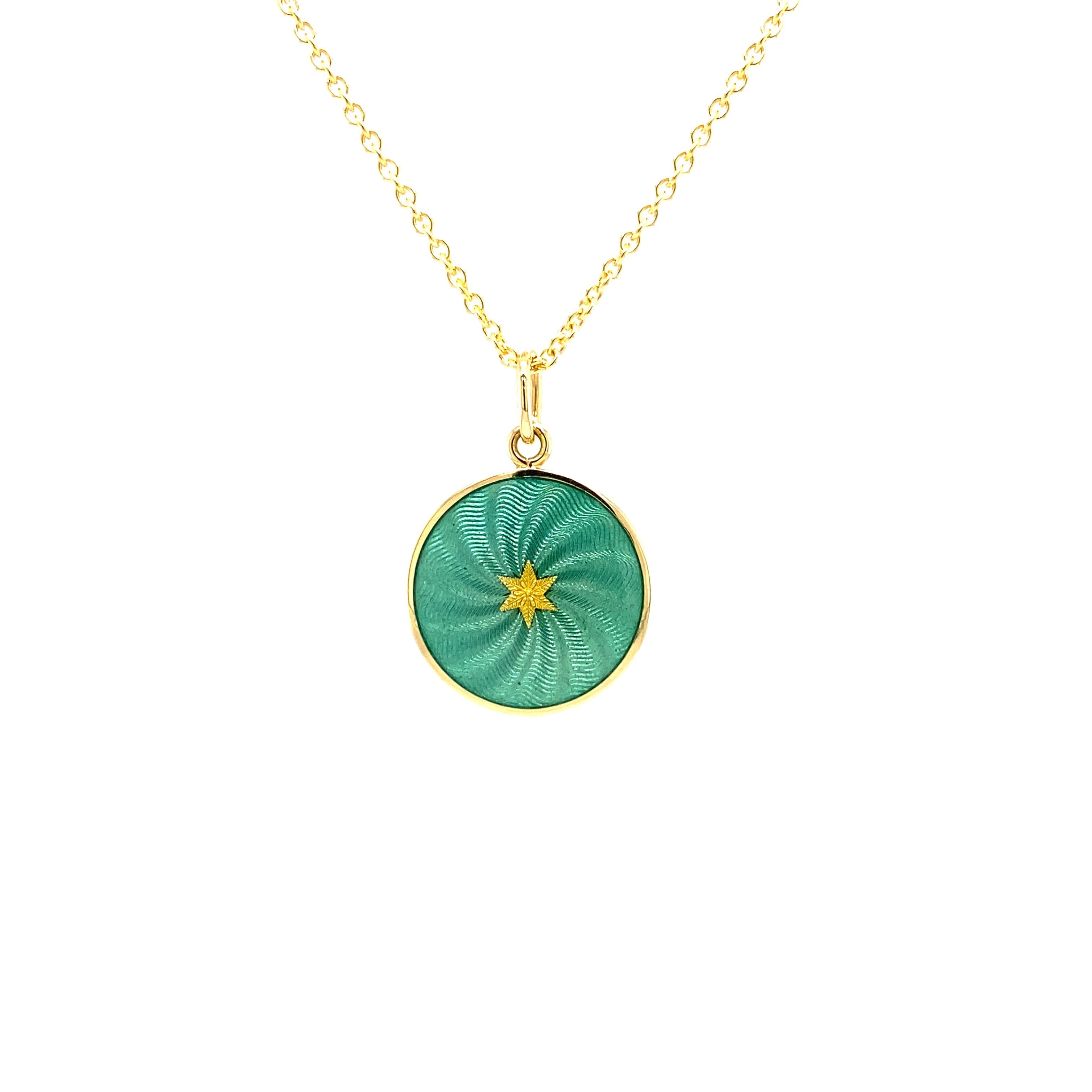 Round Disk Pendant Necklace 18k Yellow Gold Turquoise Enamel Guilloche Paillons For Sale 2