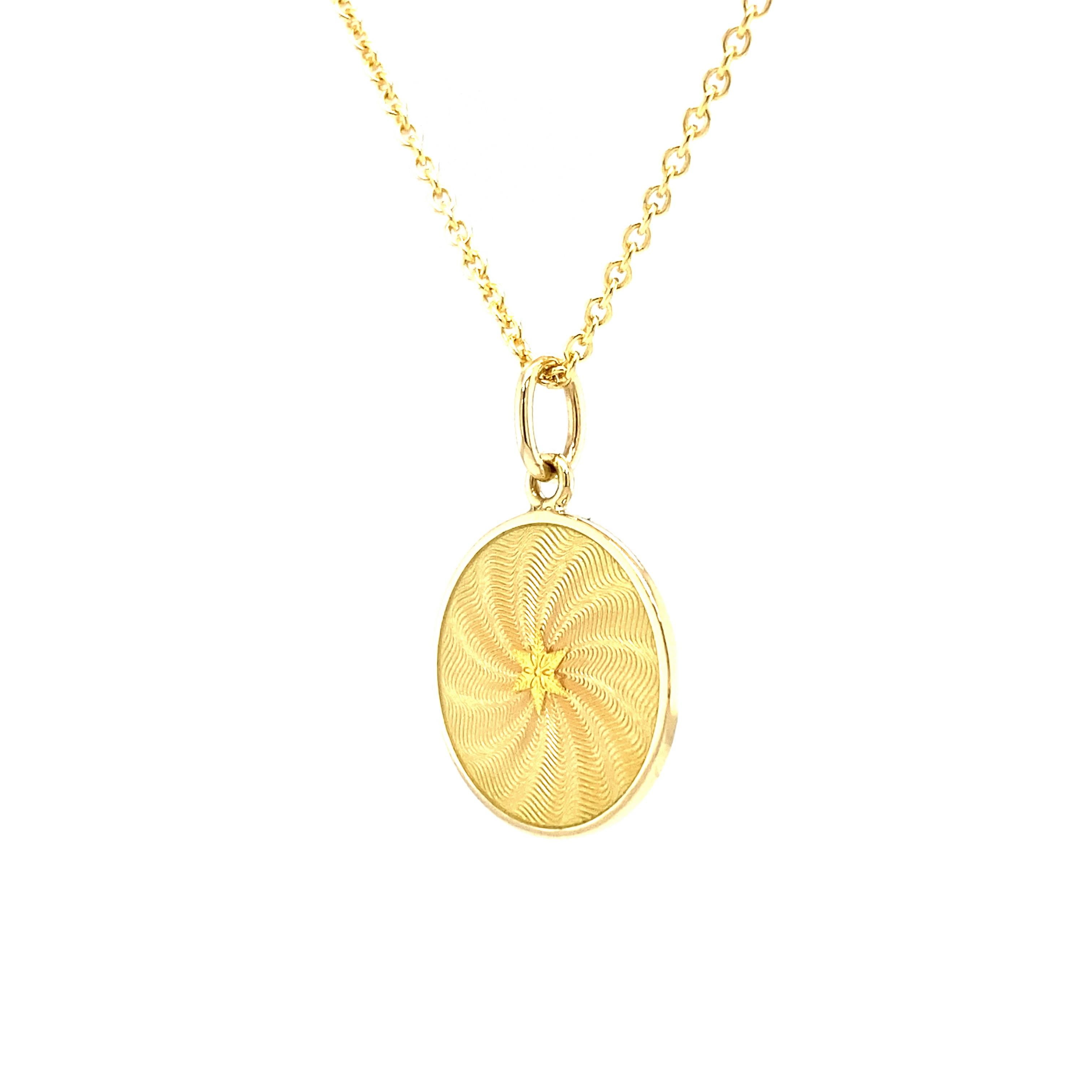 Victorian Round Disk Pendant Necklace 18k Yellow Gold Yellow Enamel Guilloche Paillons  For Sale