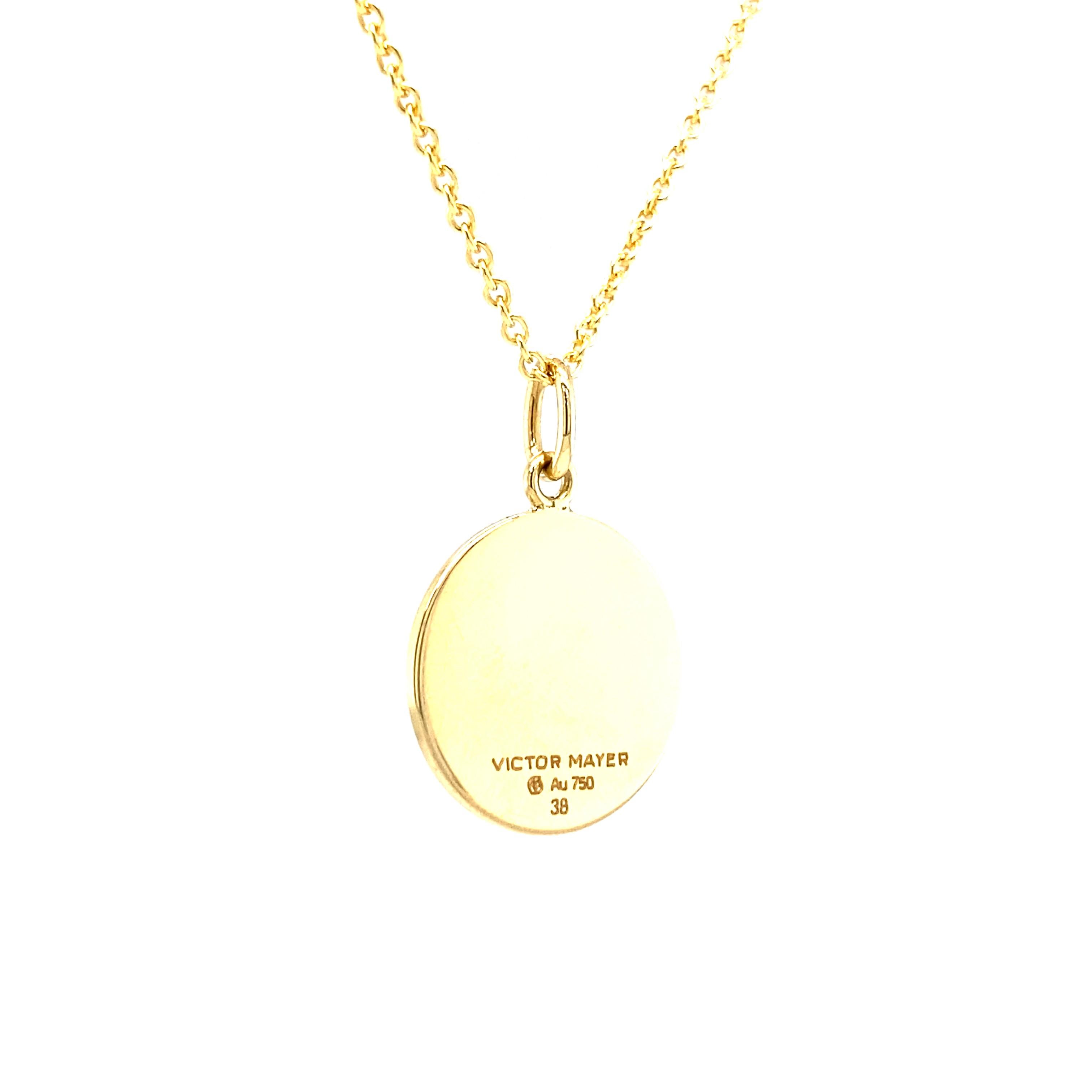 Round Disk Pendant Necklace 18k Yellow Gold Yellow Enamel Guilloche Paillons  For Sale 2